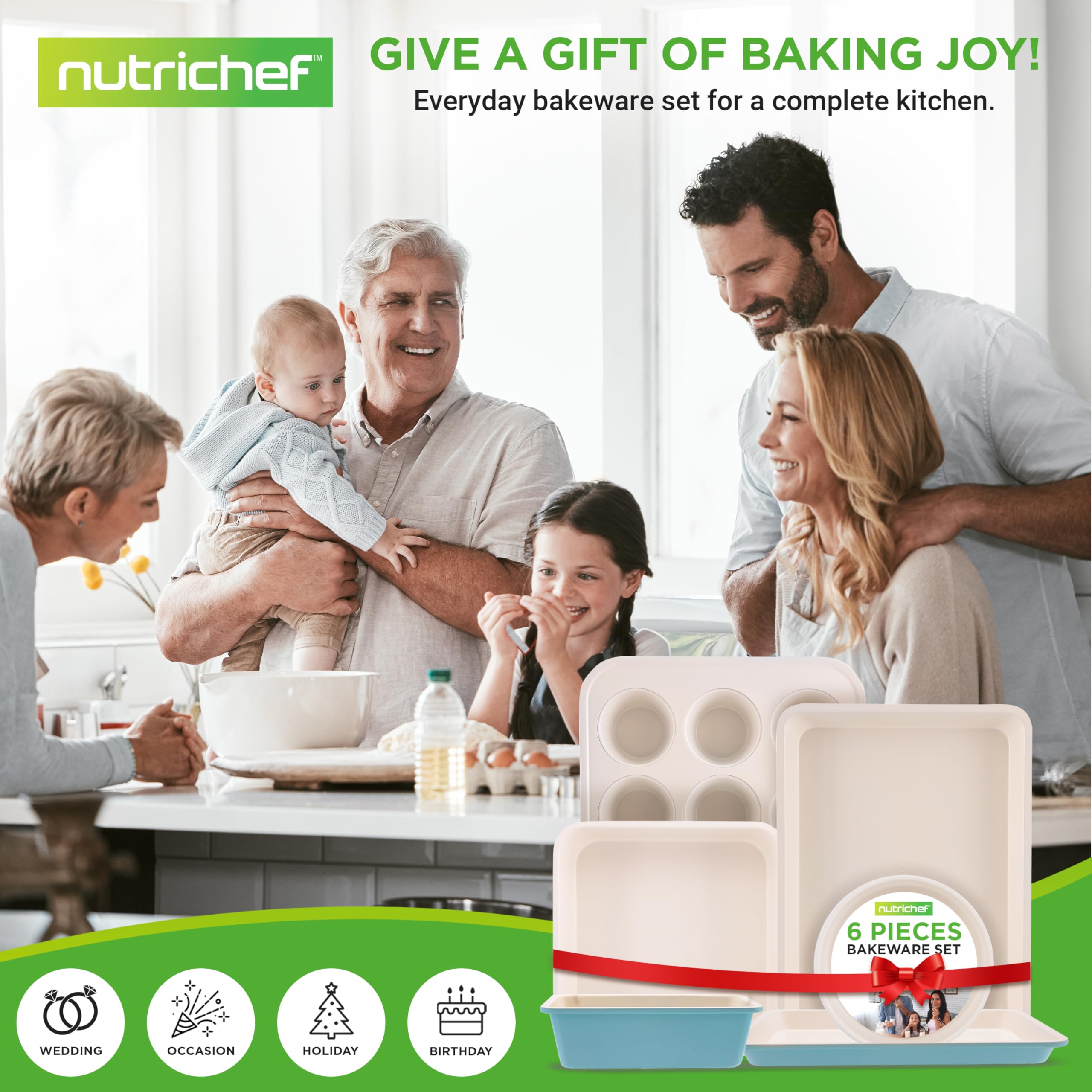 NutriChef Zestaw do Pieczenia 6 Sztuk - Blachy do Pieczenia z Powłoką Nieprzywierającą, Atrakcyjne Zielone Zewnętrzne Powierzchnie i Biały Środek, Wysokiej Jakości Akcesoria Kuchenne do Pieczenia