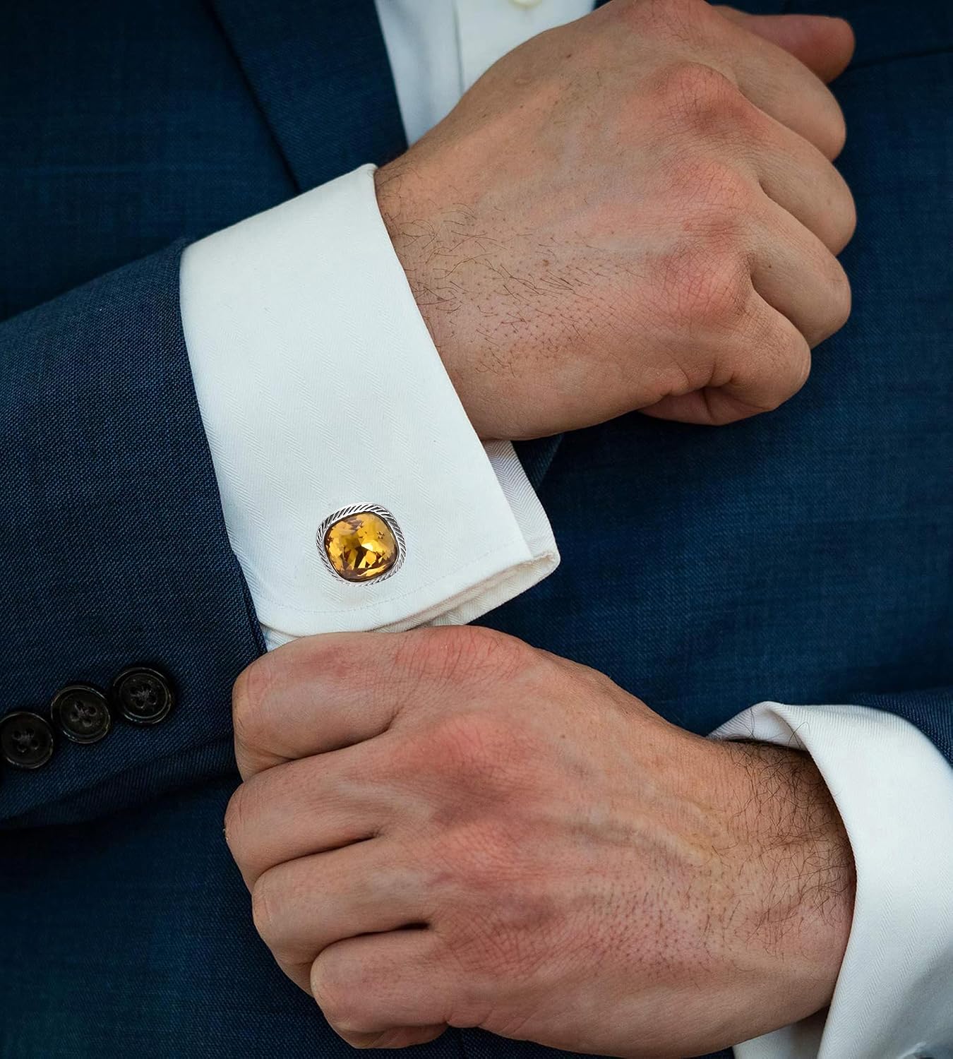 Yellow Zircon Gemstone Cufflinks for Men Lady In Gift Case Silver | Square Crystal Men's Cuff Links Set Jewelry for Wedding Anniversary Party Daily Office Formal Casual Business Tuxedo Shirt