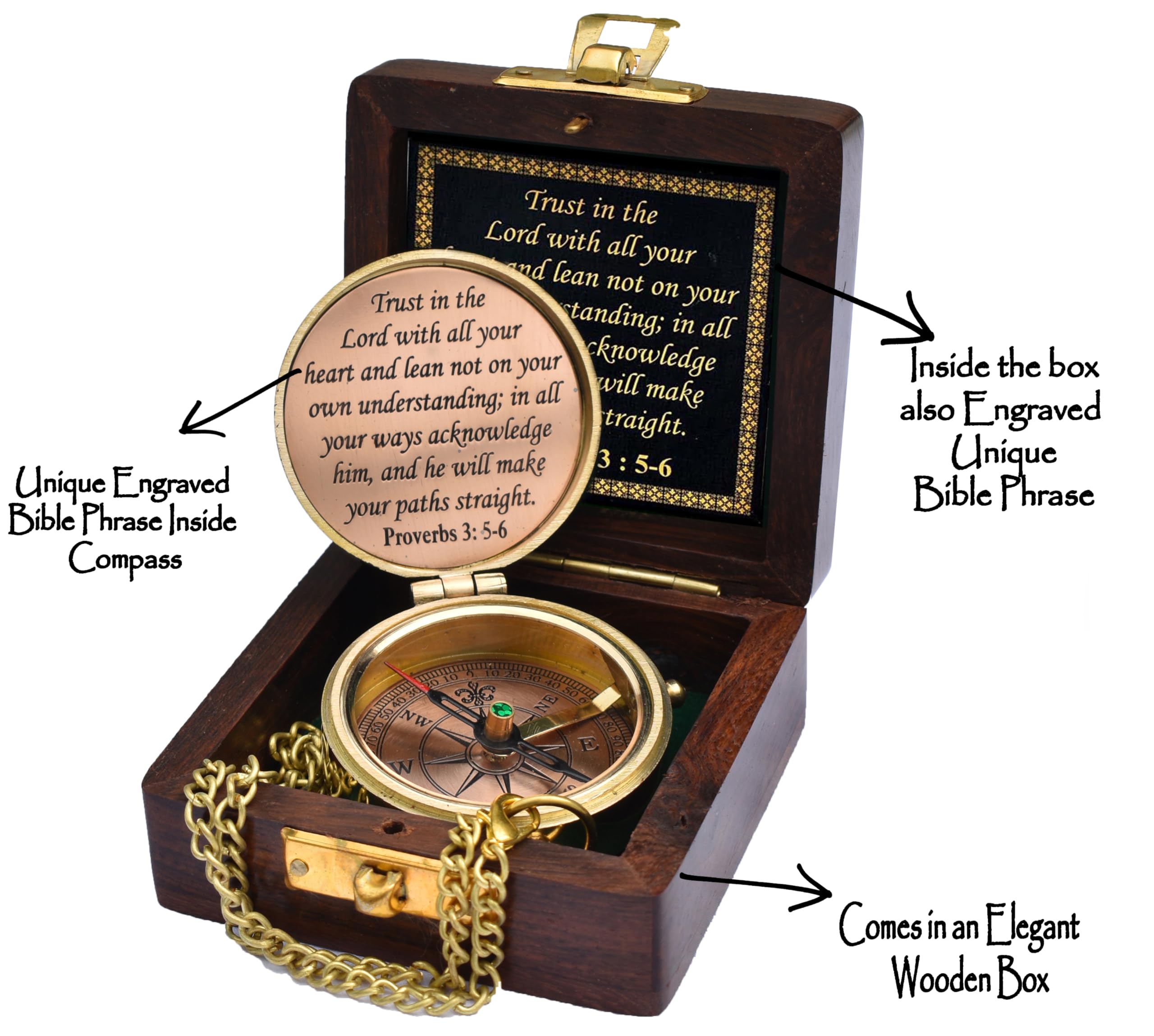 Trust in The Lord with All Your Heart -Proverbs 3: 5-6 Quote Engraved Compass with Wooden Box,Camping Compass, Gift Compass, Graduation Day Gifts 2025 Compass for Women Mens Boy Girls