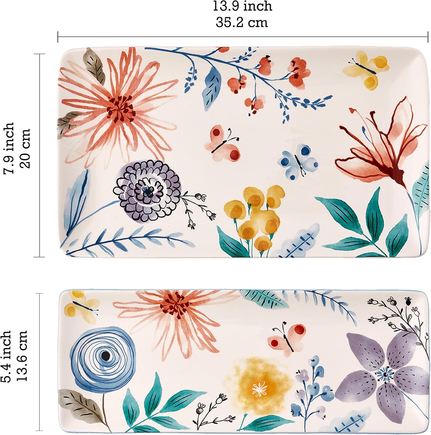 Bico Blossom Symphony Ceramic 14 inch Rectangular Serving Platter, Set of 2, for Serving Salad, Pasta, Cheese, Ham, Appetizer, Microwave & Dishwasher Safe