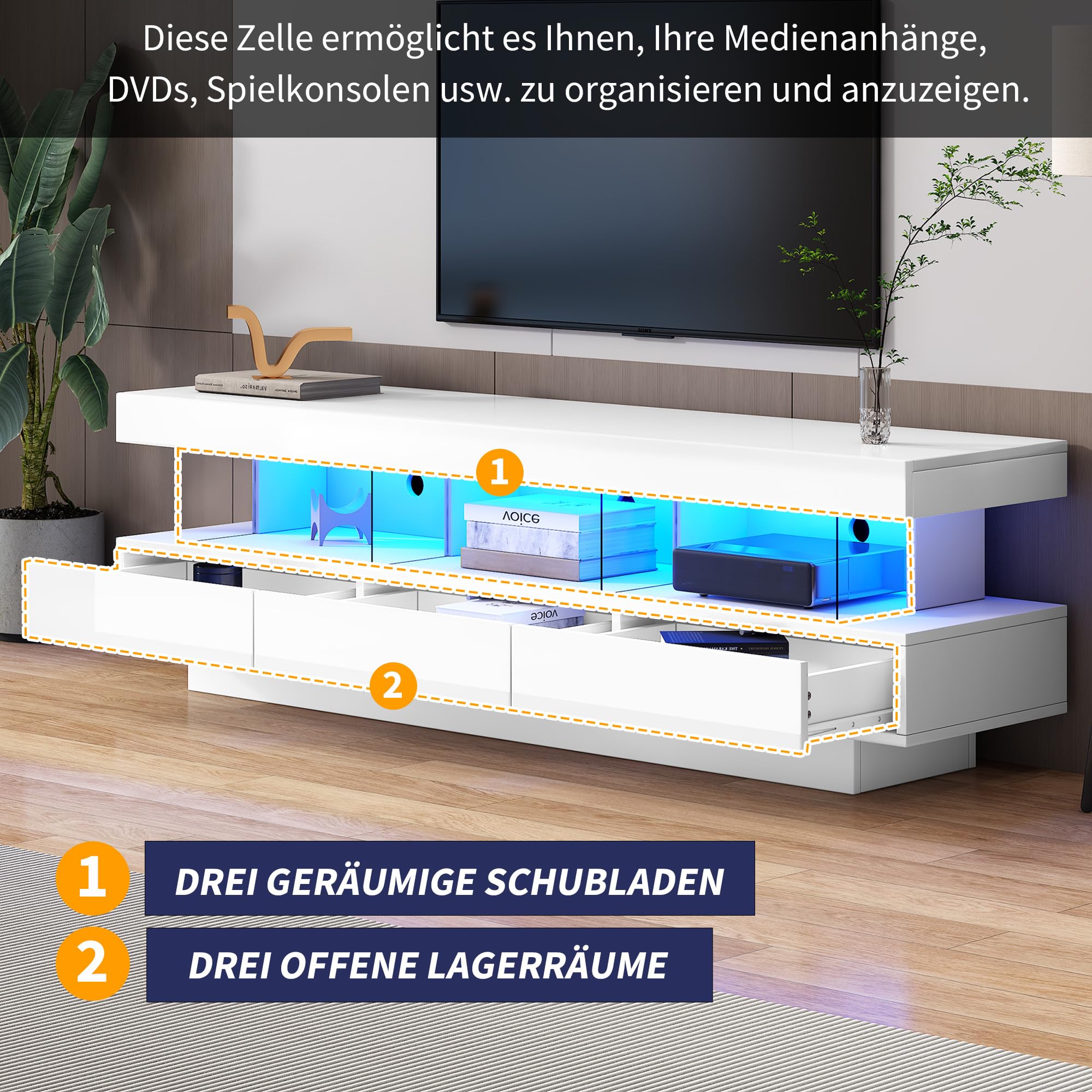 Merax Hochglanz TV Schrank mit LED-Beleuchtung, App-Steuerung, Bluetooth-verbunden, Lowboard Sideboard TV-Kommode Fernsehschrank Fernsehtisch für 70-Zoll-TVs, mit 3 Glasfächern, Weiß/160x38x50.5cm