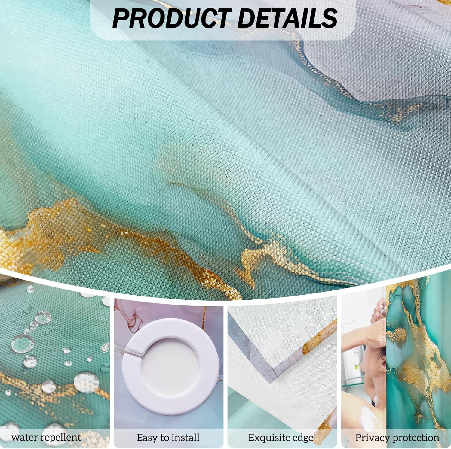 Lnond Green Blue Marble Shower Curtain,Luxury Marble Waterproof No Hook Shower Curtain for Bathroom Spa Bathtub, 71W x74L(No Liner)