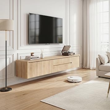 180cm Floating TV Unit for 75 Inch TV Wall Mounted Large Storage | fully assembled, 18mm Thick Solid Wood, Wooden TV Cabinet Stand With Door, Living Room TV Media Console (Oak)