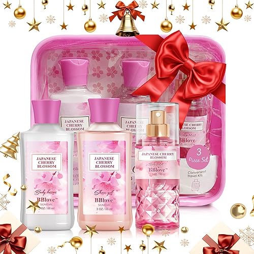 Bath and Body Gift Set for Women & Girls, Japanese Cherry Blossom, 3PCS Set for - Shower Gel, Body Lotion, Body Mist, Body Care Travel Set