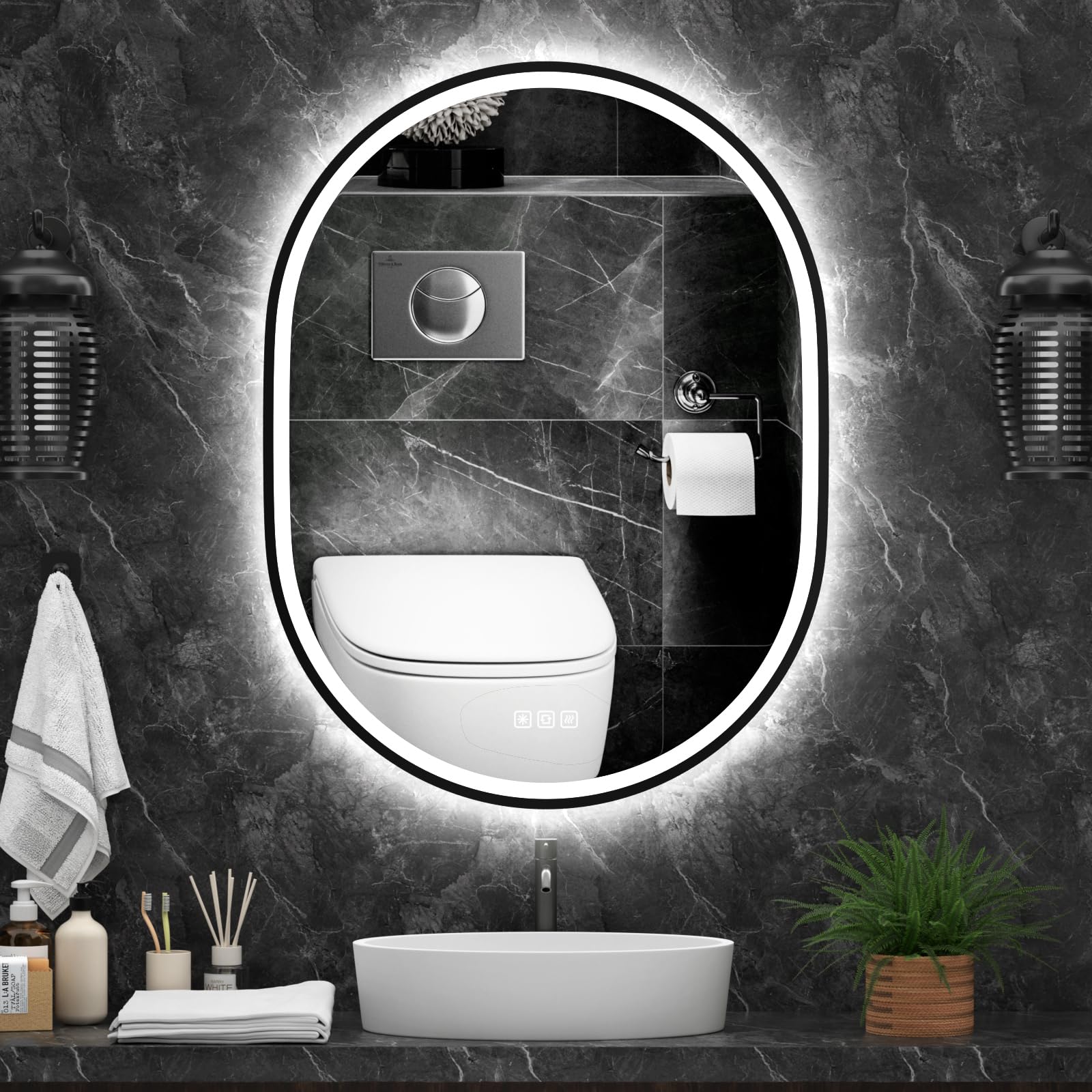 furduzz LED Badezimmerspiegel mit Rahmen, 600x800mm ovaler Badezimmerspiegel, Badezimmer Wand montiert Eitelkeitsspiegel mit Touch Schalter, 3 Farbe dimmbare Lichter, Horizontal/Vertikal