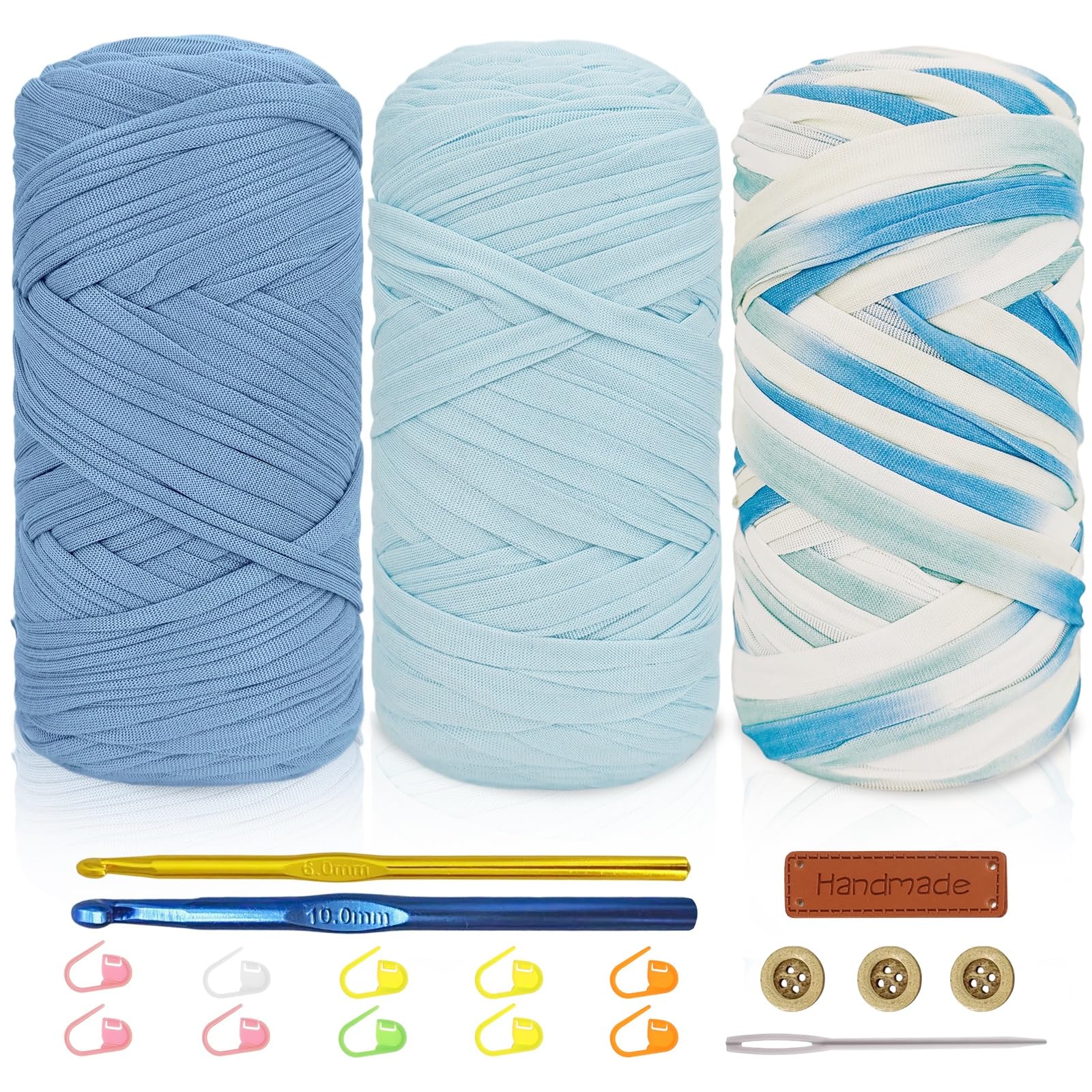 Tshirt Yarn Crochet Kit 3x200g Chunky Yarn for Crocheting with 6mm & 10mm Hooks + Accessories, Rich Color Combinations - Suitable for Beginners, Ideal for Making Bags, Home Decor（Blue-3）