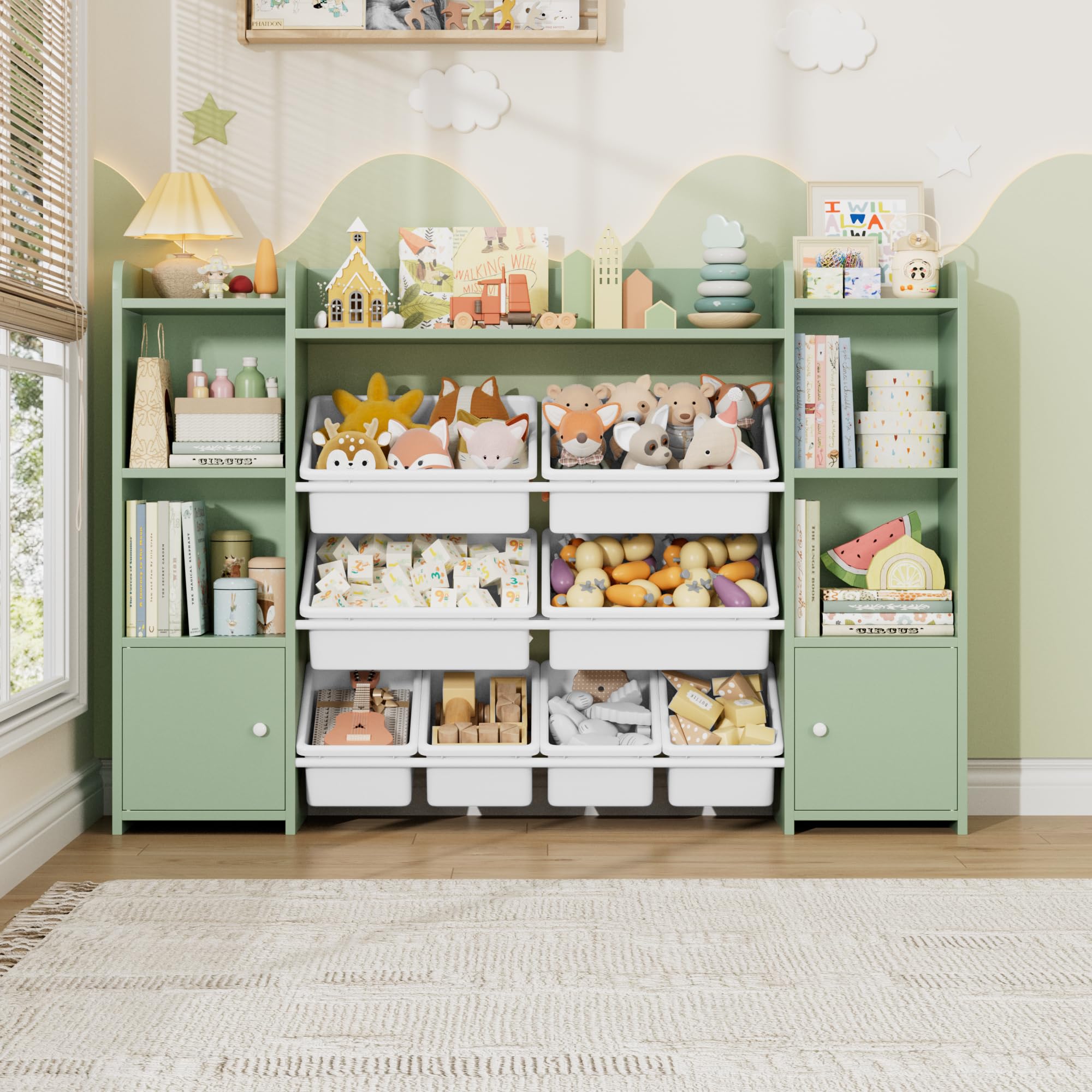 FOREHILL Scaffale per Giocattoli con 8 Contenitori Rimovibili in Plastica,Organizzatore Libreria per Bambini con Mensola Aperti, per Camera dei Giochi, 138.8 x94.3x29.6cm (Verde)