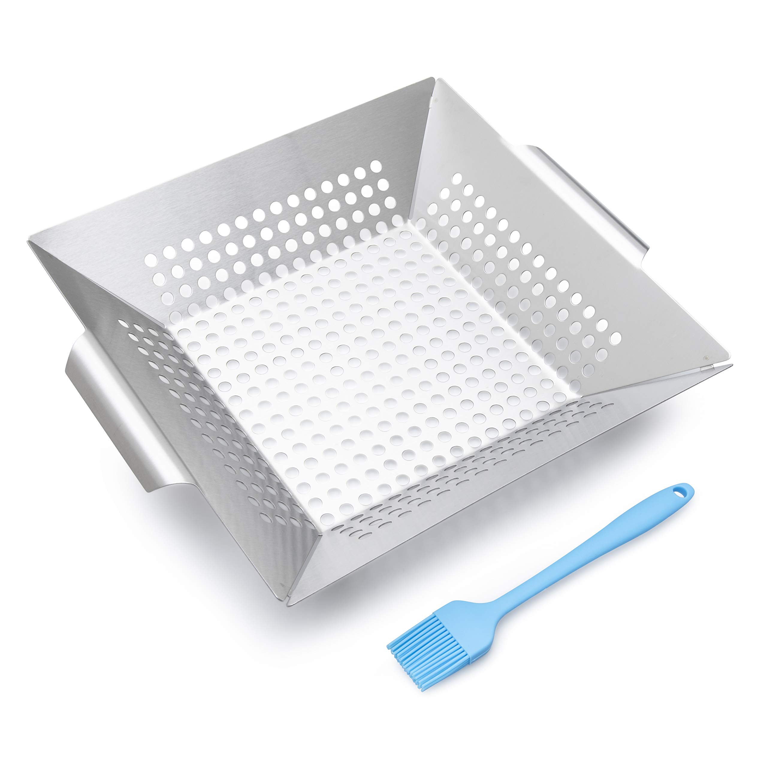 Birdtown Traders Big BBQ Grill Basket – Outdoor Grilling Accessories perfect for Vegetables, Fish, Meat, Kababs – Deluxe Stainless Steel Barbecue Pan (30 x 30 x 7.5 cms) with Silicone Basting Brush