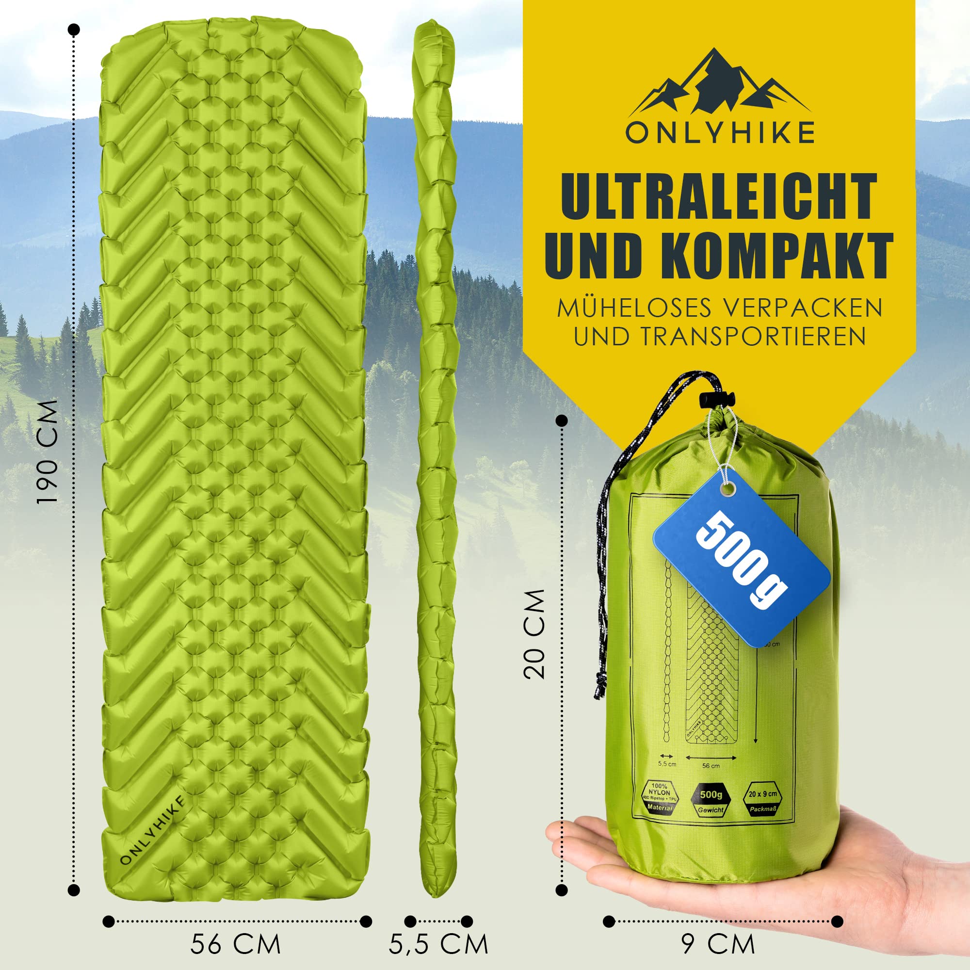 Isomatte Ultraleicht Outdoor Camping Matratze I 500g Isomatte Ultraleicht und extrem kompakt Schlafmatte I Erholsamer Schlaf beim Camping u. Outdoor - Grün
