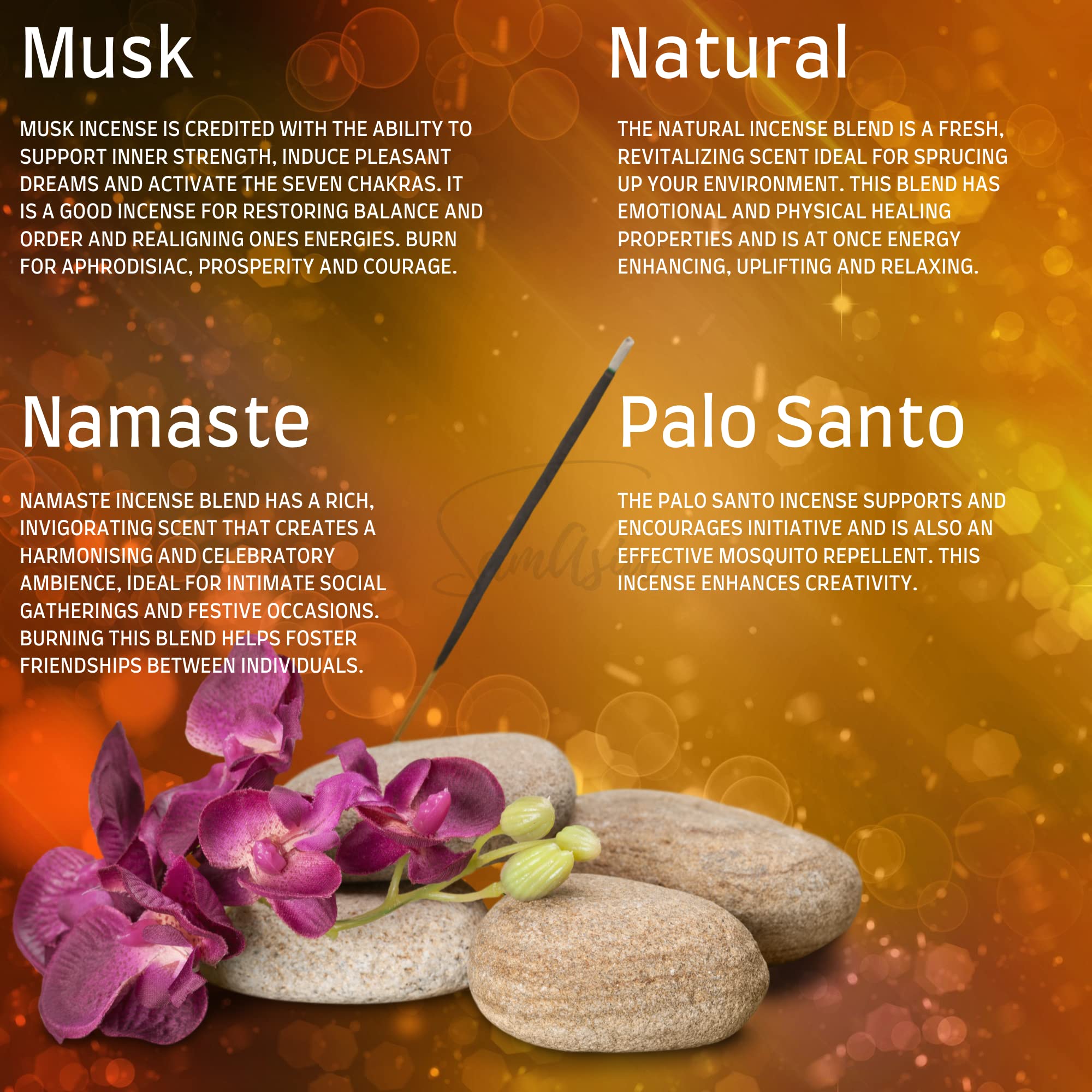 SAMASIA Satya Mix 12 incense set 6, Money, Musk, Palo Santo, Mystic Rose, Lemon Grass, Black Champa, Natural, Namaste - Image 3