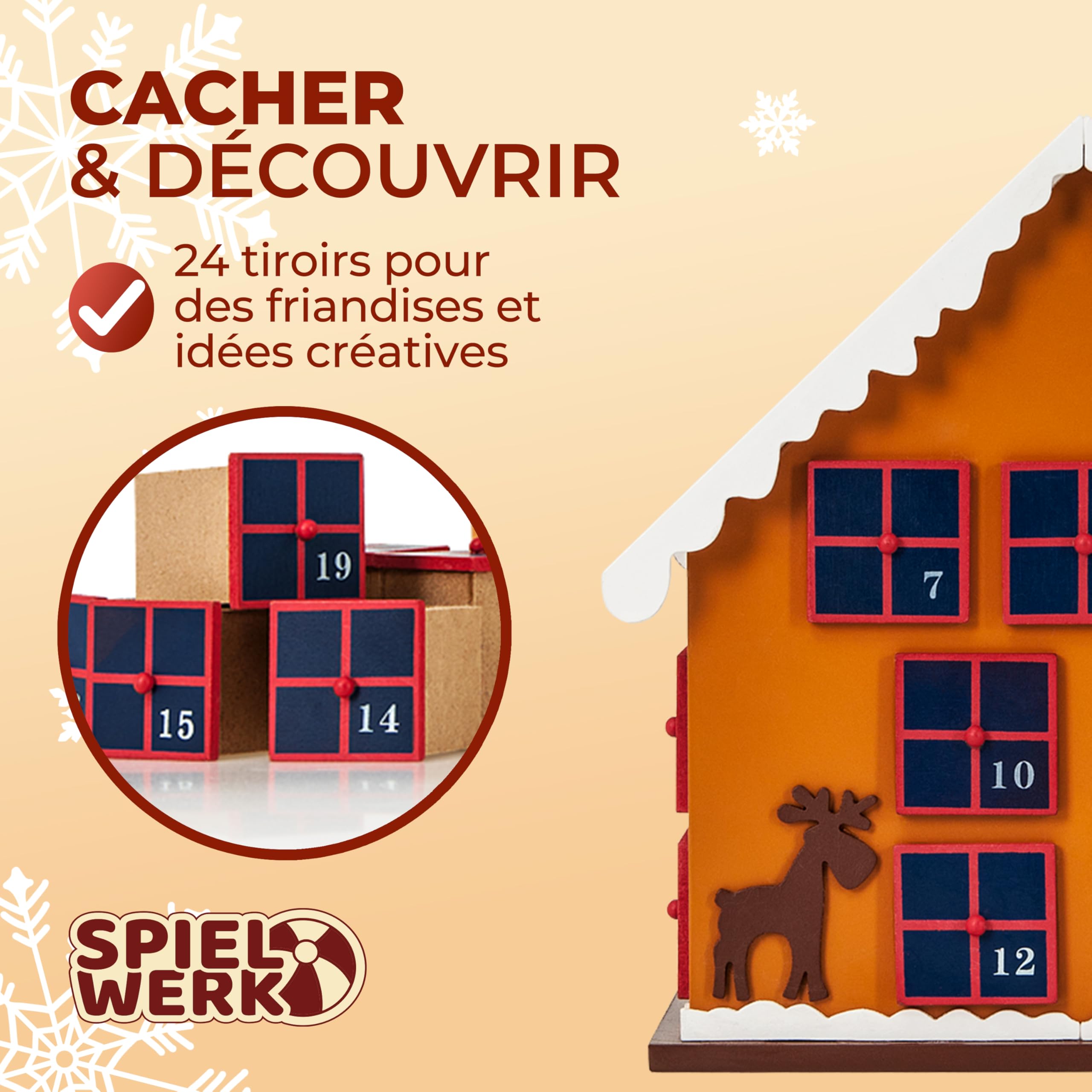 Spielwerk Calendrier de l'Avent en Bois Réutilisable 24 Tiroirs Maison en Pain d'épices