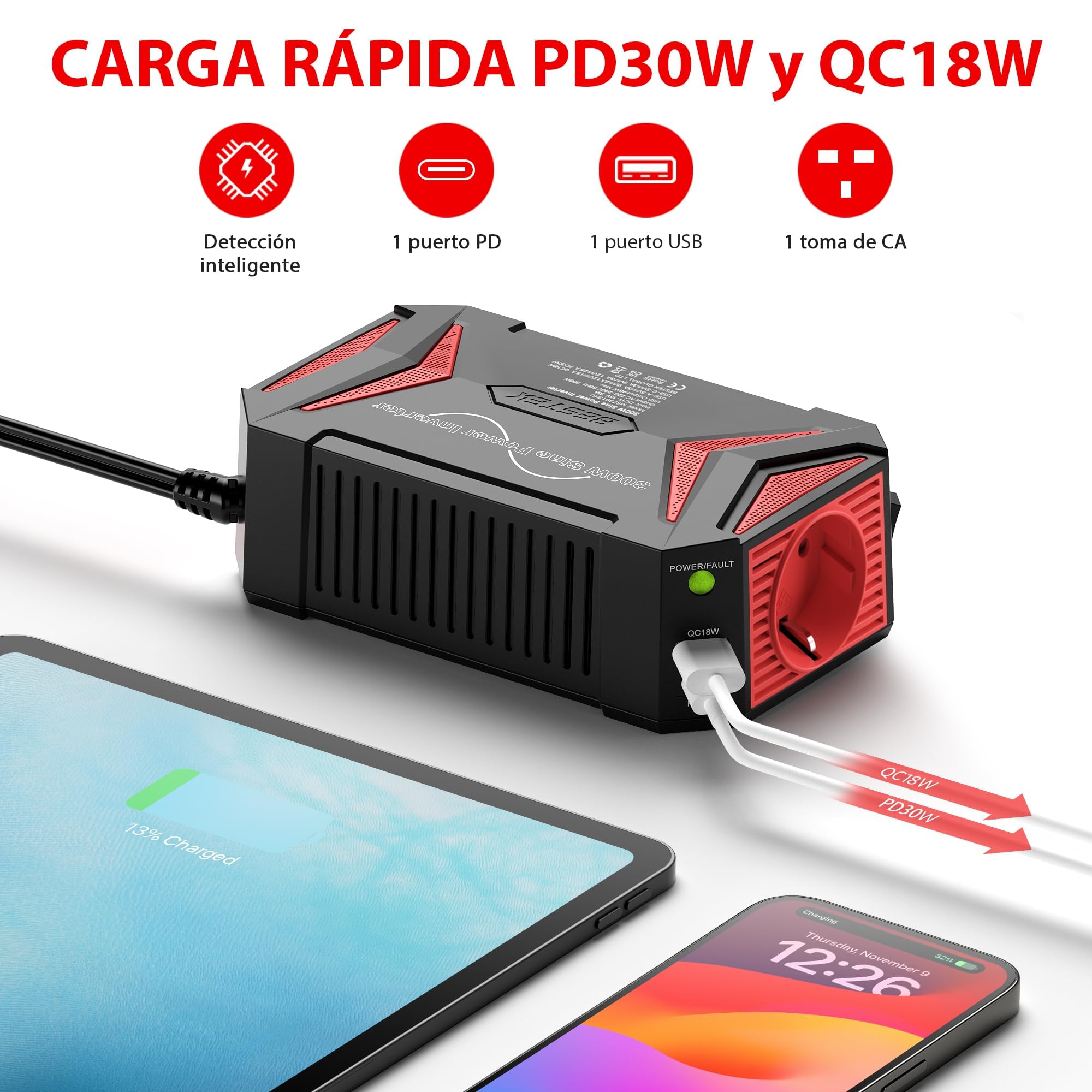BESTEK Inversor 12v a 220v Onda Pura 300W Conversor para Coche Onda Sinusoidal Transformador con 2 Puerto de Carga Rápida（PD30W&QC18W）y 1 Toma de AC, Adaptador de Mechero Coche para Portátil, Movíl