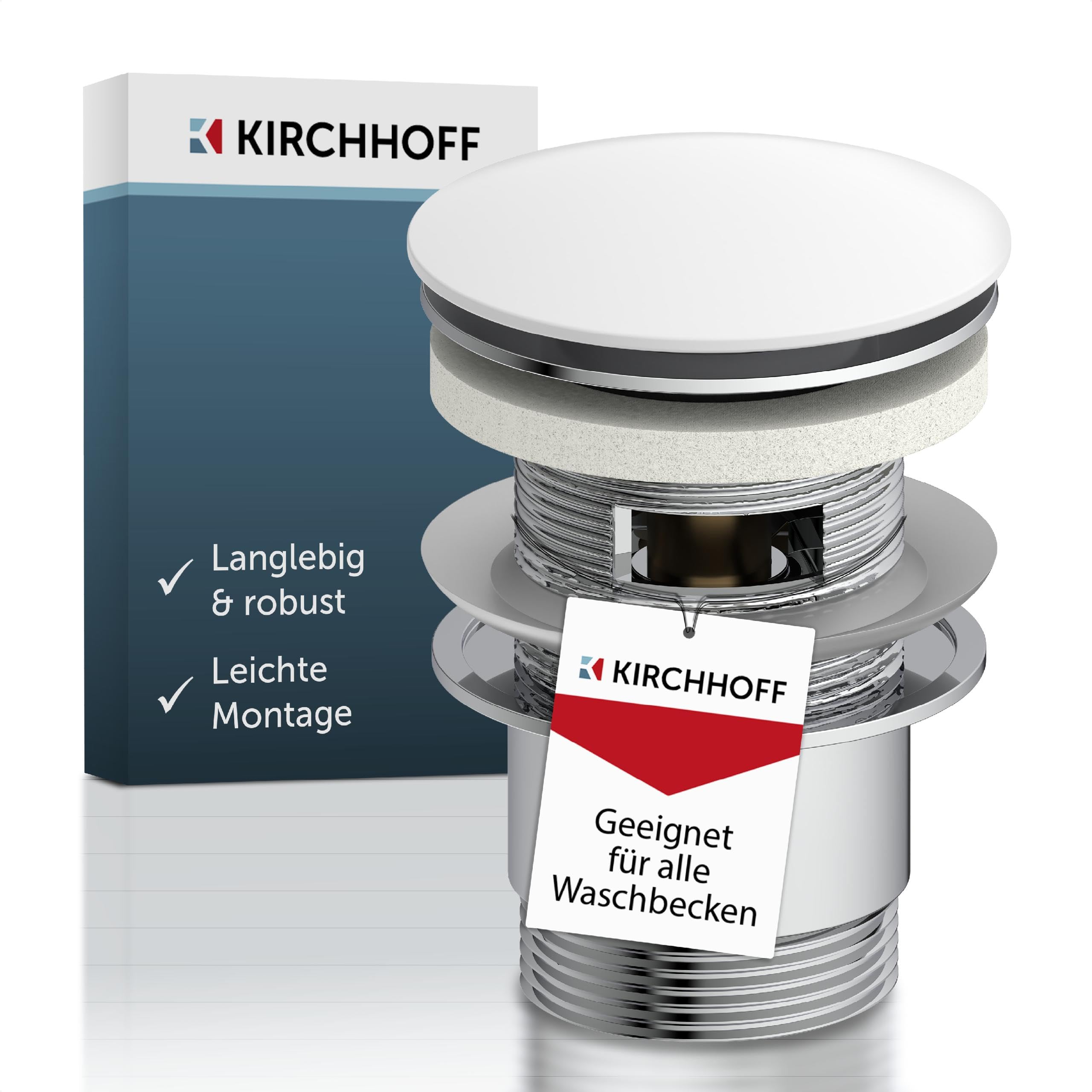 Kirchhoff Universal Waschbecken Ablaufgarnitur, Pop Up Ventil mit Überlauf, Weiß/Chrom – 98807410