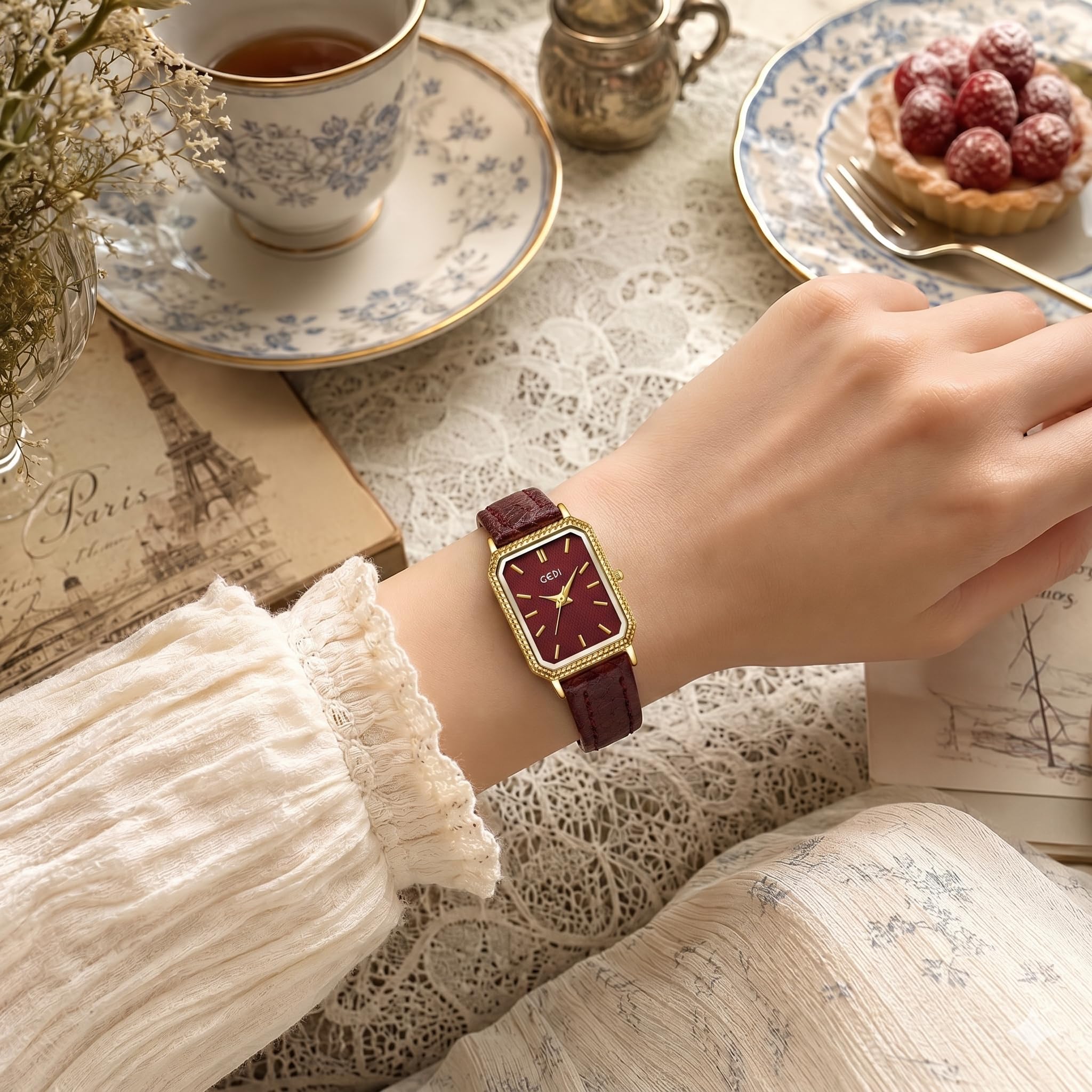 Gosasa Orologio da polso da donna, vintage, rettangolare, piccolo, al quarzo, analogico, con cinturino in pelle testurizzata, resistente all'acqua fino a 30 m
