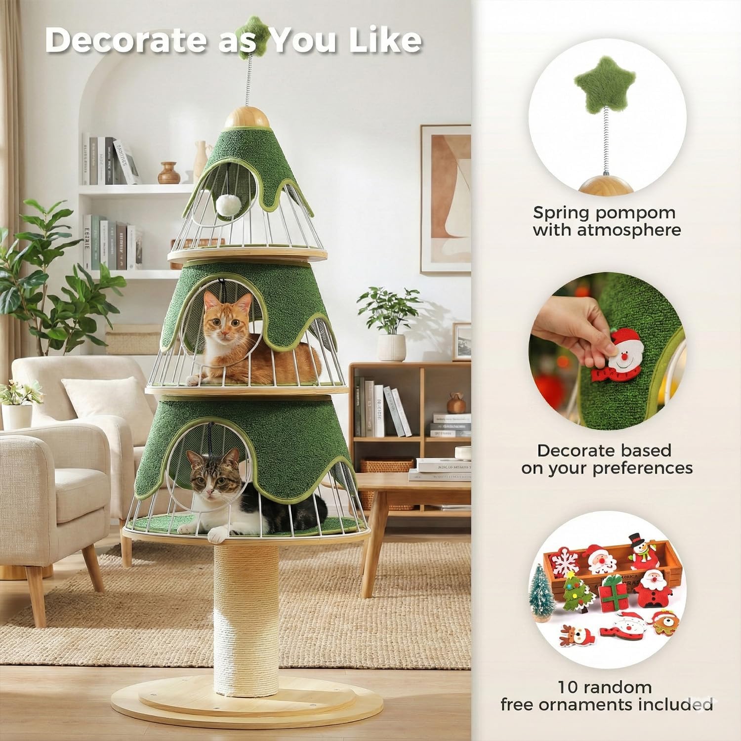 MUTTROS Modern Cat Tree-51.2" Cat Christmas Tree w/Thick Scratch Post(φ5.4in), Wood Cat Tower w/ 3 Condos-Heavy Duty Furniture w/Metal Frame & Replaceable Mat for Indoor Kitty, Green