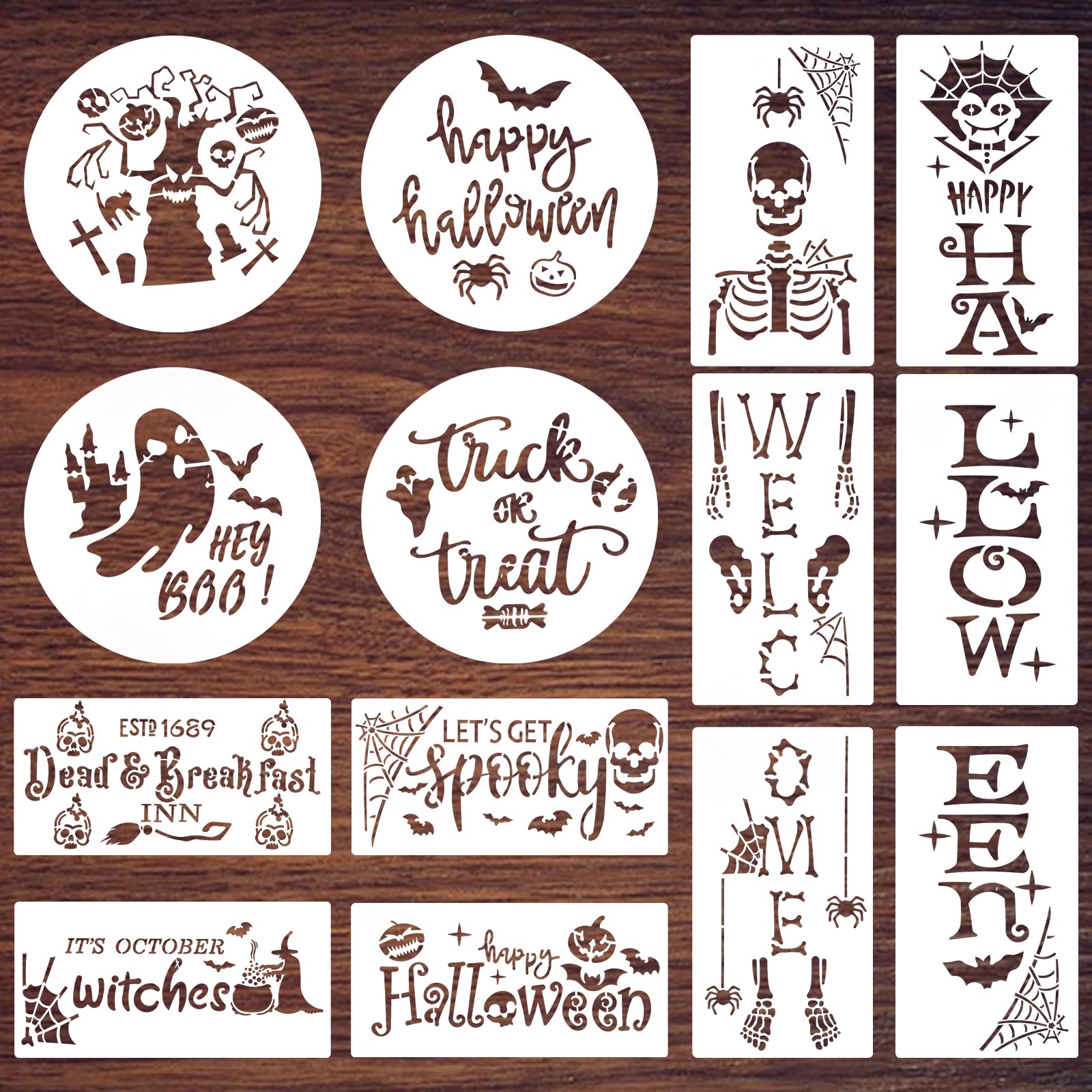 HUAKENER 14 Pcs Halloween Stencils for Painting on Wood, Halloween Porch Painting Template, Large Happy Halloween and Welcome Templates for Porch Sign