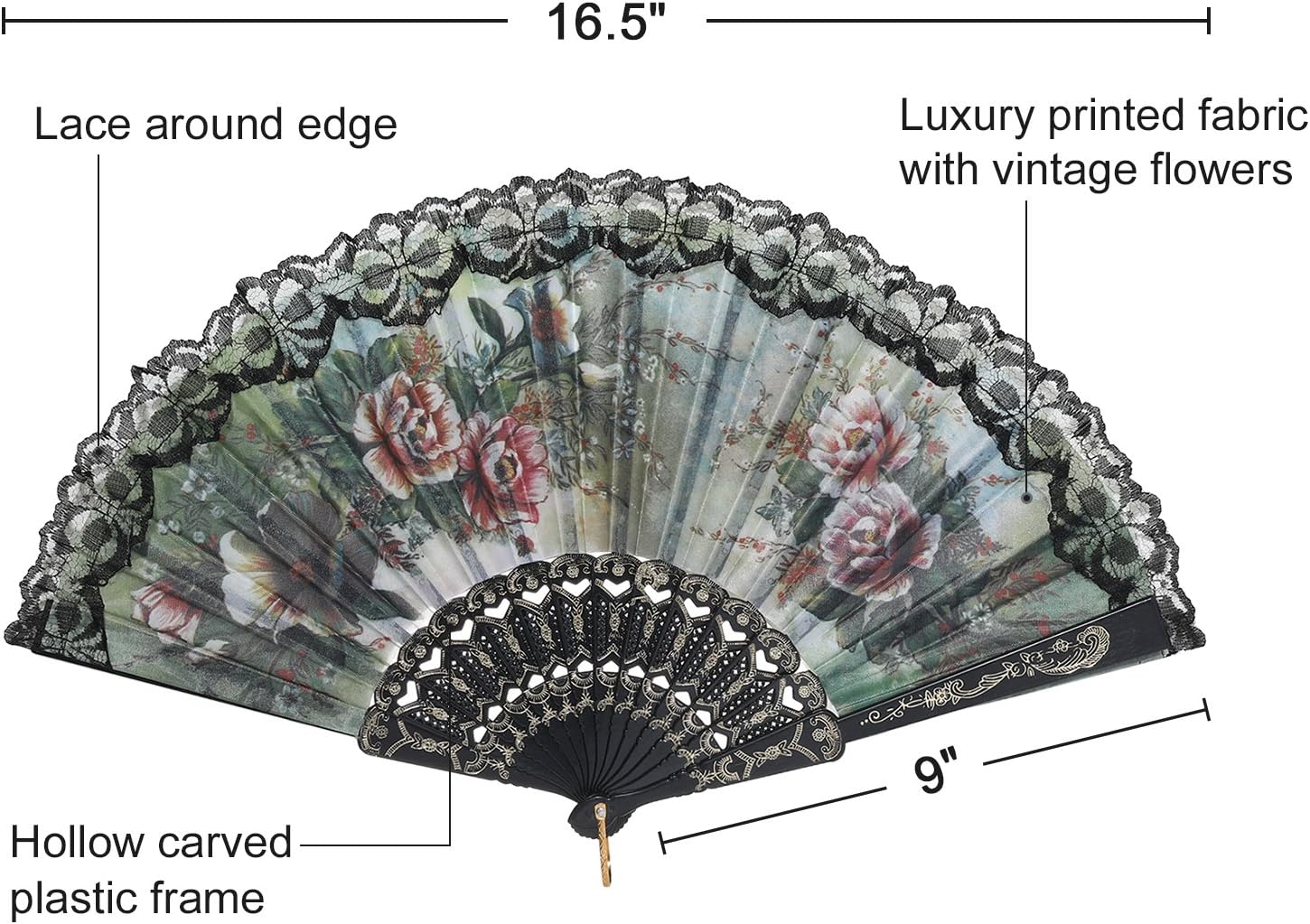 BABEYOND 6 pcs Spanish Floral Folding Hand Fan Vintage Handheld Lace Folding Fan with Different Patterns Fabric Folding Fan for Wedding Dancing Party (Color Random Selected with Spanish flower) image 2