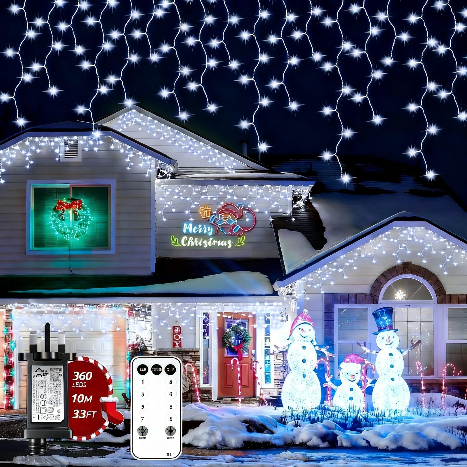 TobeBright Icicle Christmas Lights Outdoor 10m/33ft 360 LEDs Icicle Lights Cold White for Outside,Plug in Curtain Fairy Lights with Remote/8 Modes/IP44/Timer/Connectable for Roof Eaves Gazebo Wedding