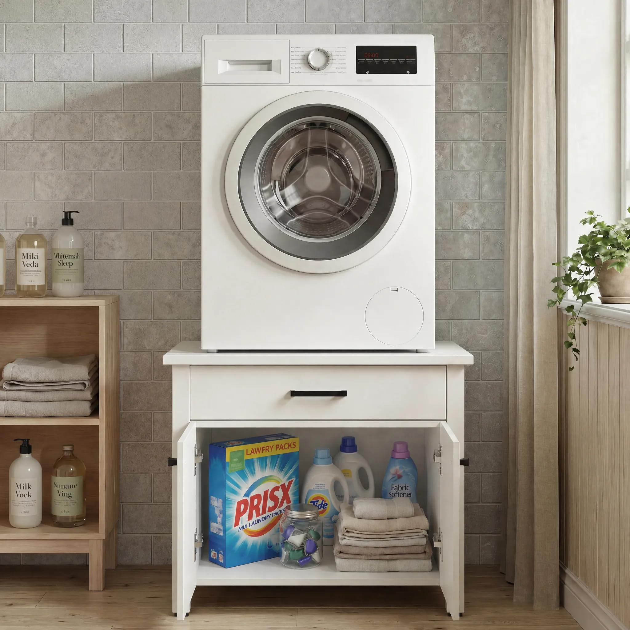 Waschmaschinenschrank Weiß 72x72x56 cm mit 1 Schublade und 2 Türen Metallrahmen und Eisenplatte belastbar bis 150 kg Badezimmerschrank Waschraum Aufbewahrung für Waschmittel und Reinigungszubehör
