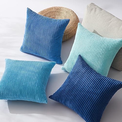 Miniatura 3 de Topfinel - Juego 4 fundas decorativas cojín, verano, serie aqua, verde azulado, azul, pana, a rayas, sofá, patio, balcón, dormitorio niños,