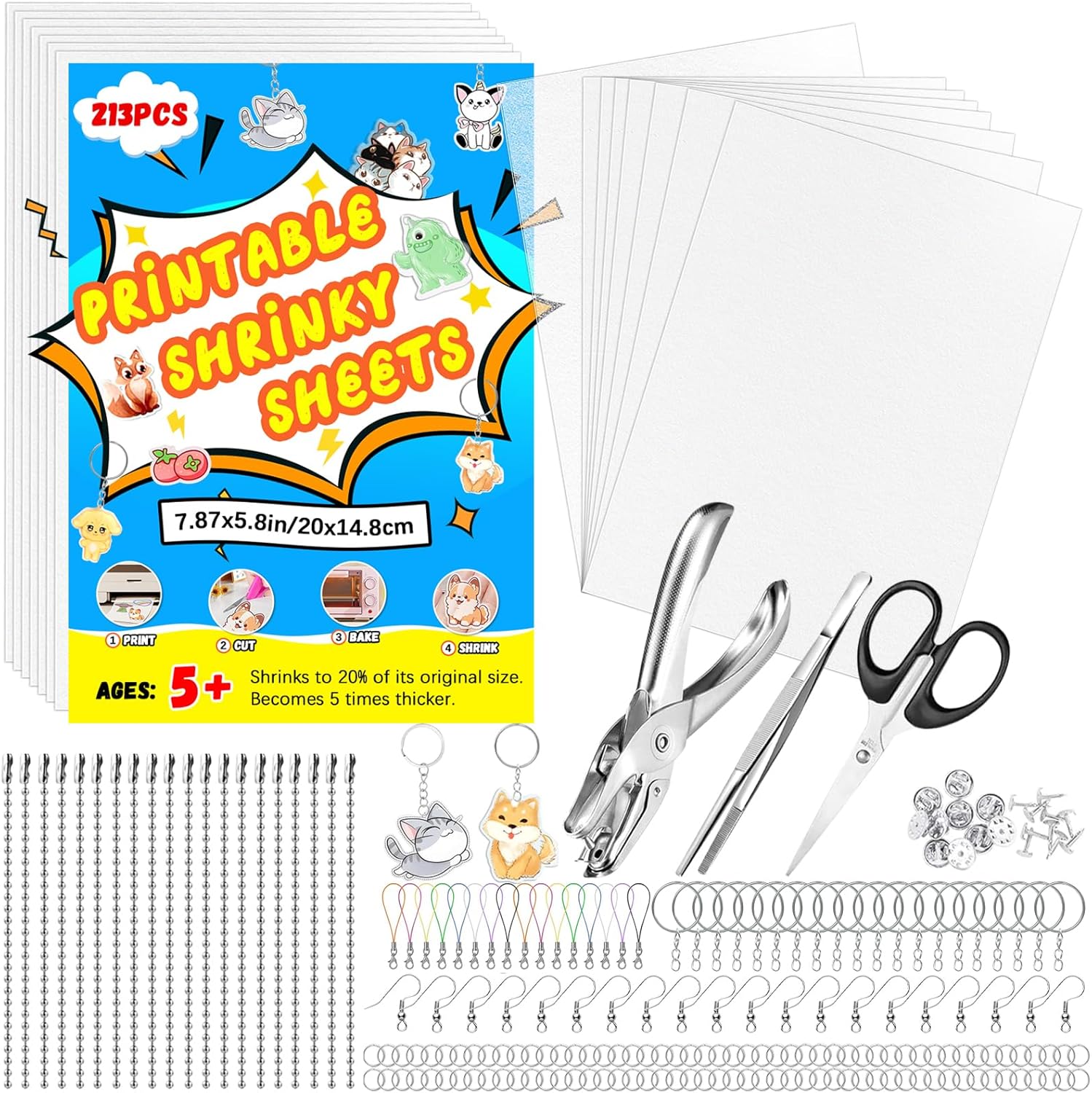 AOBOPLE Printable Shrinky Dink Sheets,213PCS Shrinky Dink Keychain Kit with 20 Printable Shrink Plastic Sheets 193PCS Keychain Accessories for Inkjet Printer DIY Crafts