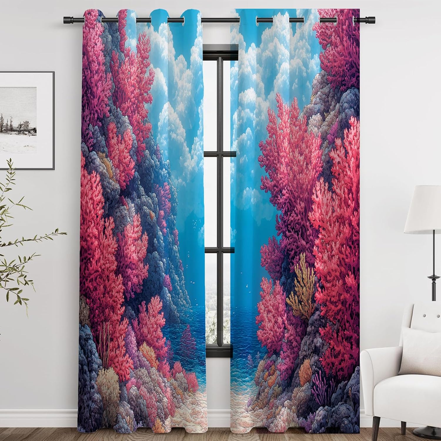 JOSUE Ocean Printed Curtains Eyelet Blackout Sea Theme Print Window Drapes Decor for Living Room Bedroom Nursery, 2 Panels(Pink)-52"x96"x2
