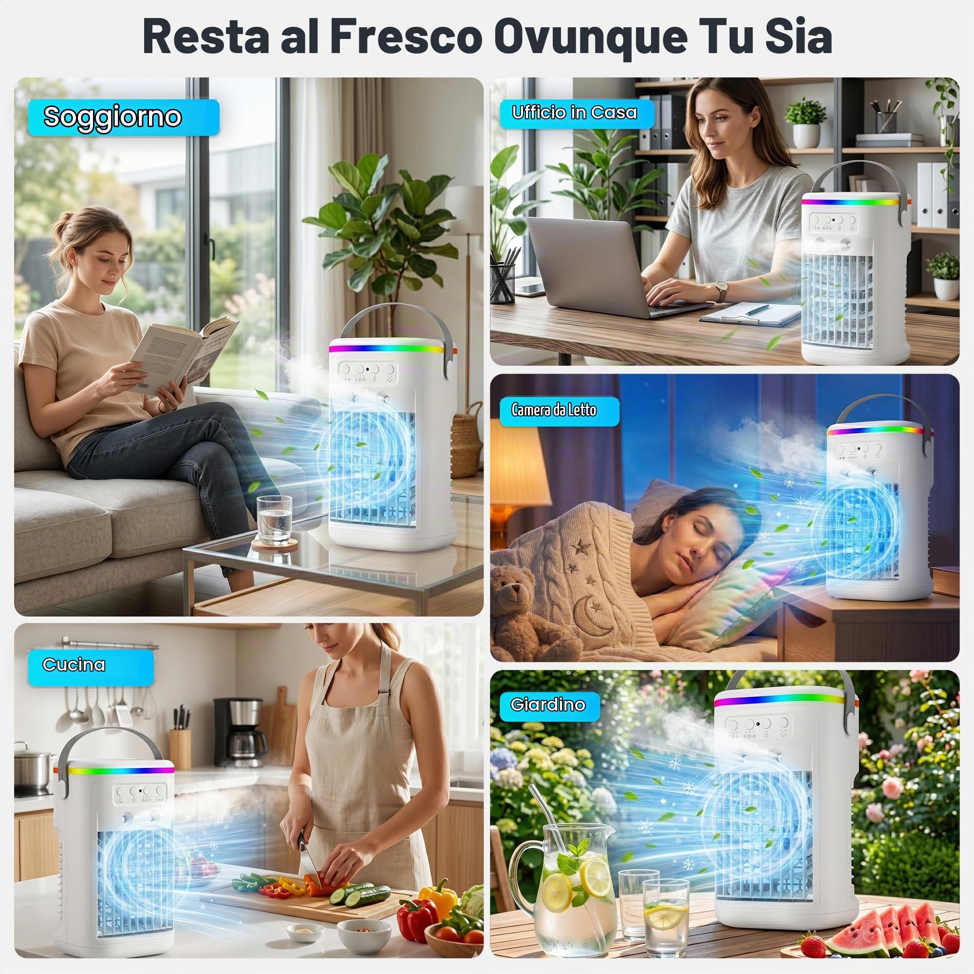 Mini condizionatore portatile silenzioso, refrigeratore d'aria con telecomando, 3 velocità e 2 modalità di nebulizzazione, timer 1-4 ore, 7 luci LED, ventilatore ad aria fredda per camera da letto e