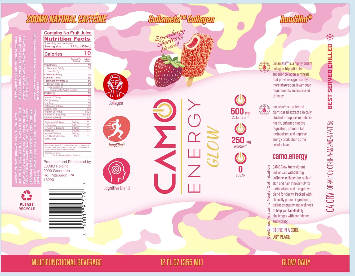 CAMO Energy Glow Strawberry Shortcake, 200mg Natural Caffeine, Collameta® Collagen Peptides, InnoSlim® Metabolism Booster, Zero Sugar, 12oz Cans, 12 Pack