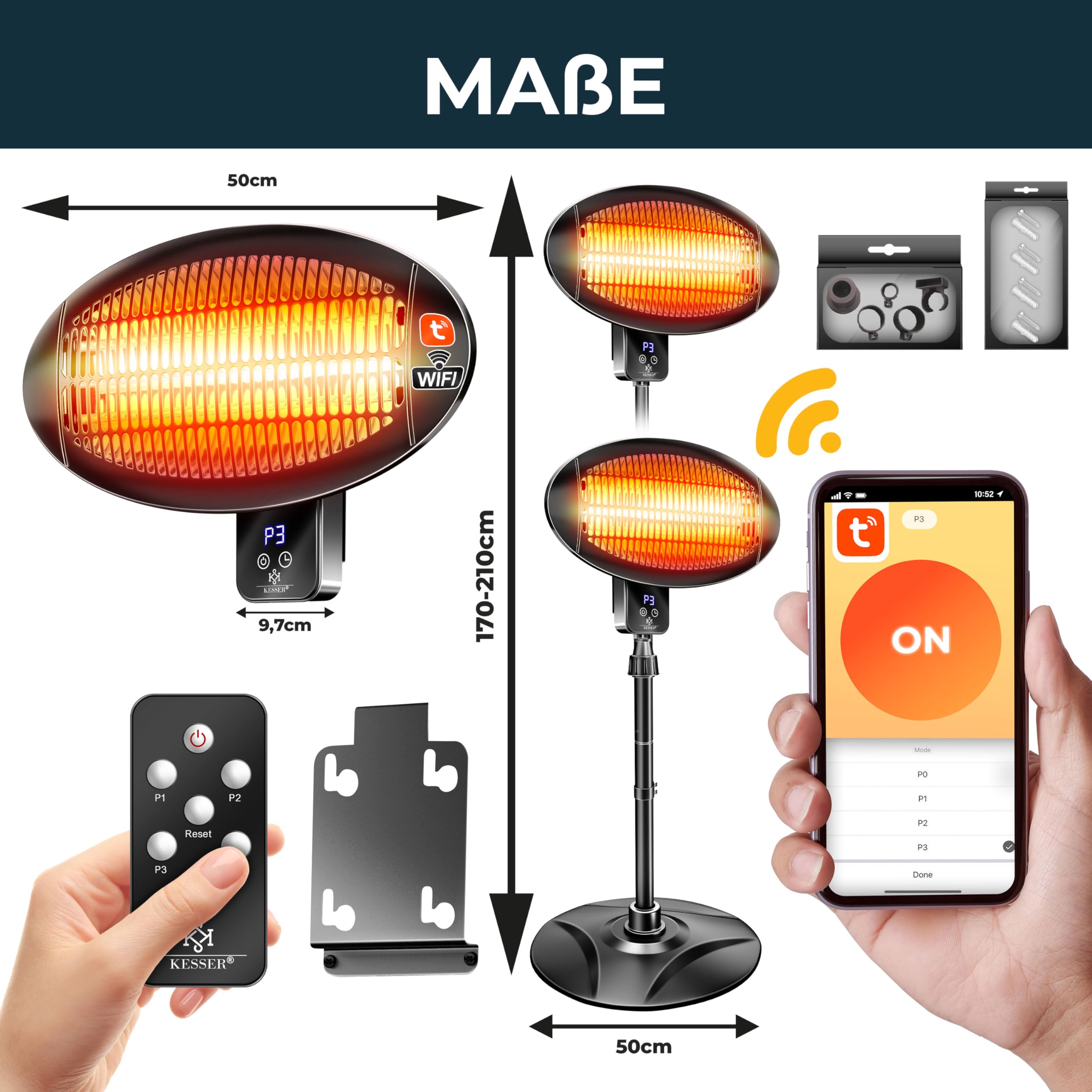 KESSER® Infrarot Heizstrahler 2000W Terrassenstrahler mit WIFI & Fernbedienung 360° drehbar, höhenverstellbar, Stand- & Wandmontage Kippschutz, IPX4 spritzwassergeschützt Wärmestrahler Balkon & Garten
