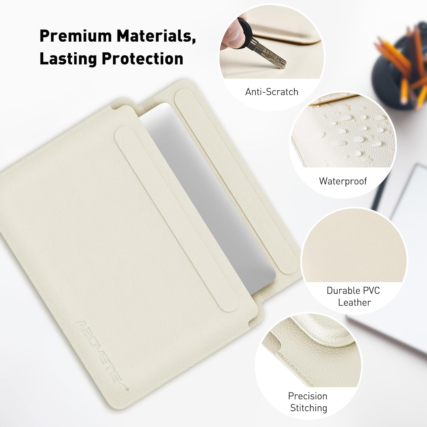 AboveTEK Laptop Sleeve Case for 13-14 inch MacBook Air/Pro, Slim Laptop Case with Stand, Ergonomic Wrist Rest & Mouse Pad, Waterproof Anti-Scratch Leather Bag for 13-14 Surface HP (Beige) - Image 5