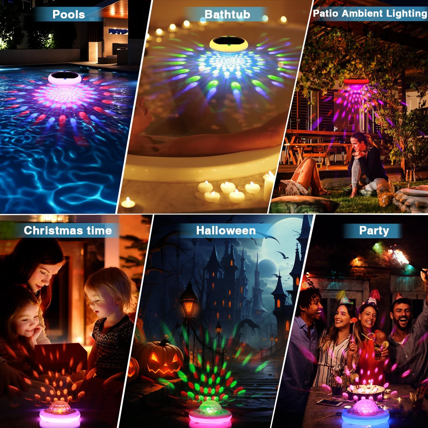 Solar Floating Pool Lights(2 Pack), Rechargeable Pool Lights that Float with Remote, 6.7'' 2600mAh IP68 Waterproof Floating Light 13 Colors Upper and Lower Glow Solar Light for Pools