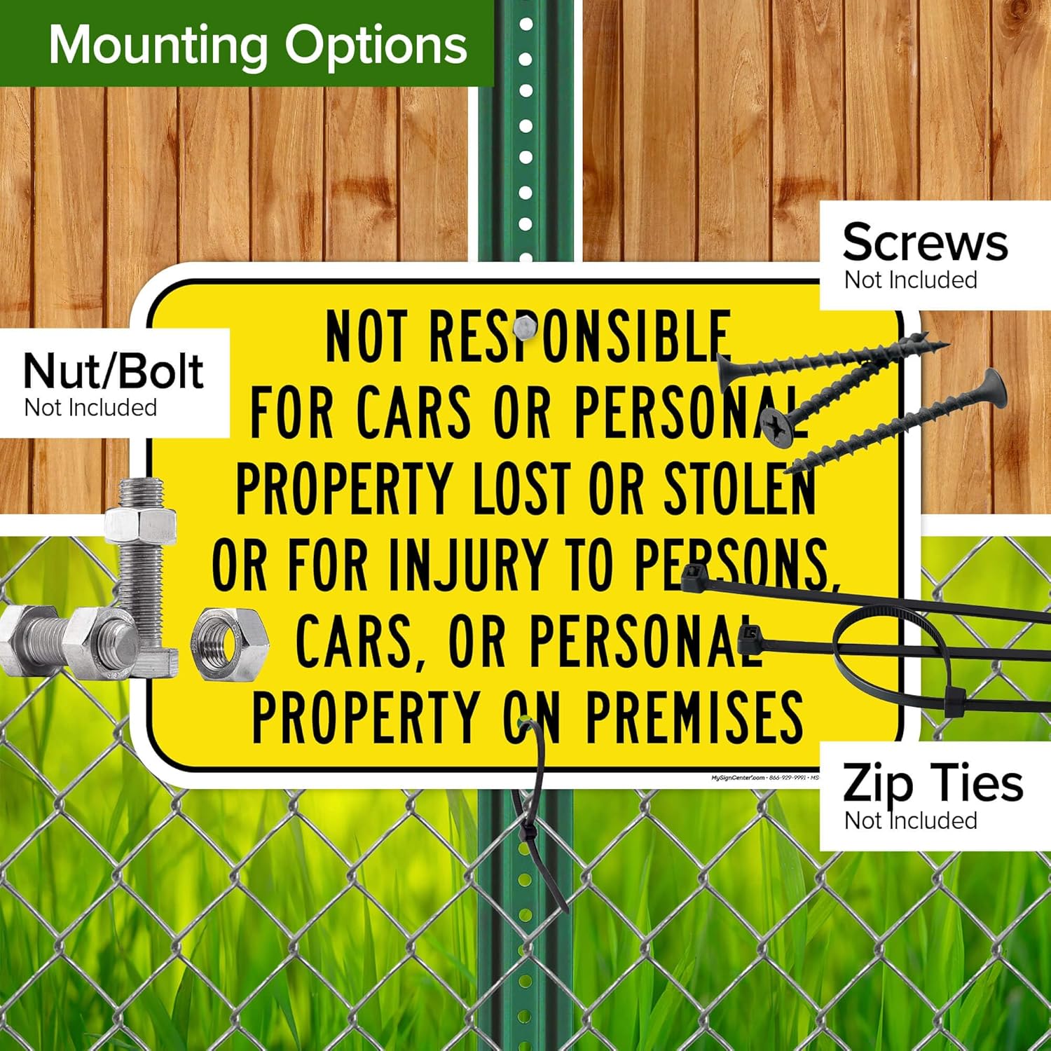 Not Responsible For Cars or Personal Property Lost or Stolen or For Injury To Persons Sign, 12x18 Inches, Rust Free .063 Aluminum, Fade Resistant, Made in USA by My Sign Center