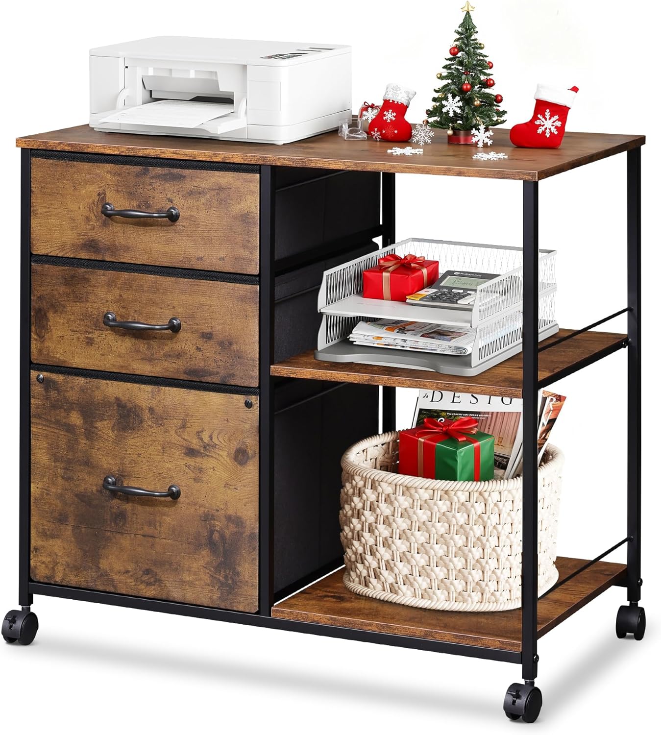 DEVAISE 3 Drawer Mobile File Cabinet, Rolling Printer Stand with Open Storage Shelf, Fabric Lateral Filing Cabinet fits A4 or Letter Size for Home Office, Rustic Brown Wood Grain Print