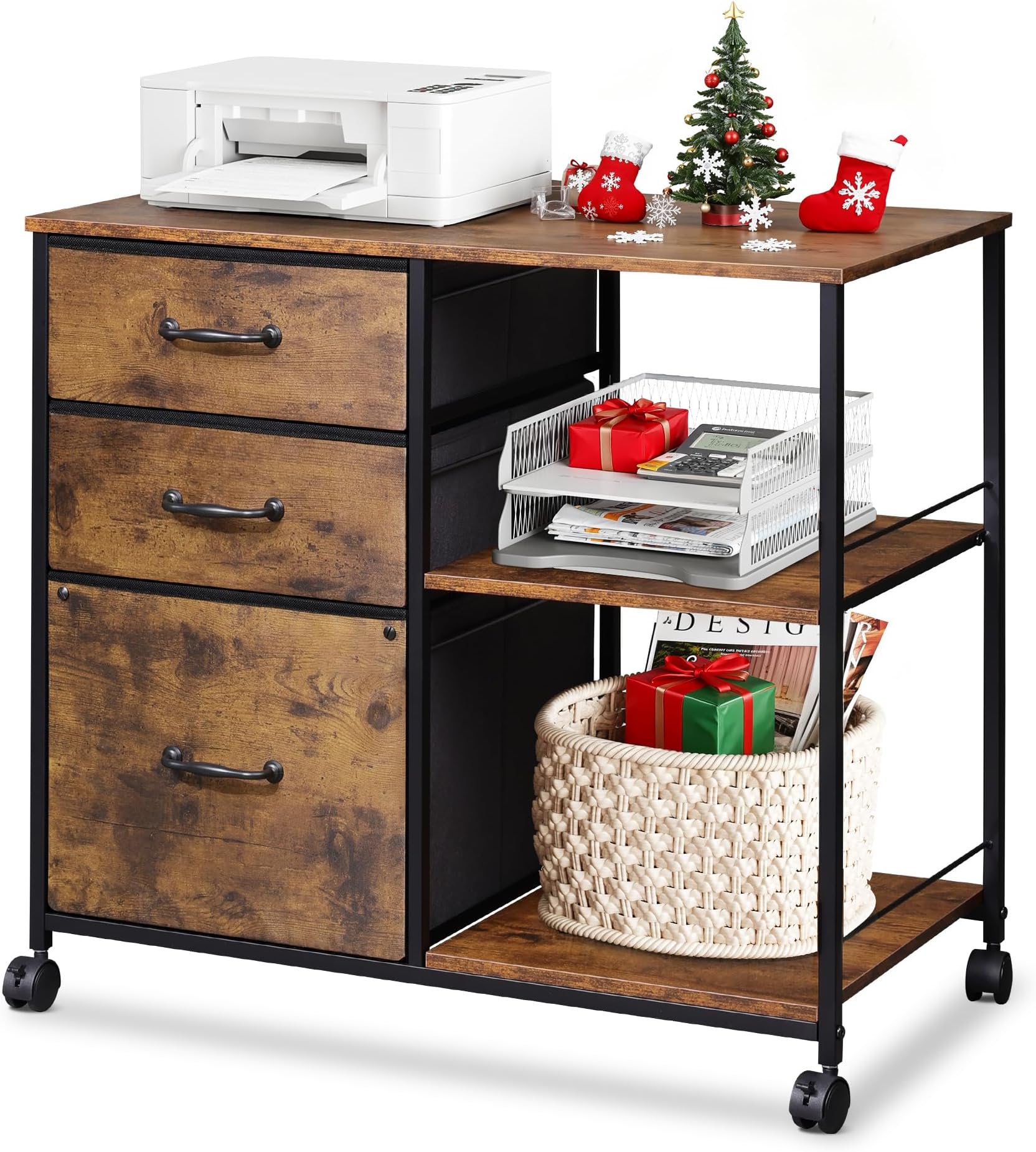 3 Drawer Mobile File Cabinet, Rolling Printer Stand with Open Storage Shelf, Fabric Lateral Filing Cabinet fits A4 or Letter Size for Home Office, Rustic Brown Wood Grain Print