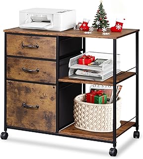 DEVAISE 3 Drawer Mobile File Cabinet, Rolling Printer Stand with Open Storage Shelf, Fabric Lateral Filing Cabinet fits A4 or Letter Size for Home Office, Rustic Brown Wood Grain Print