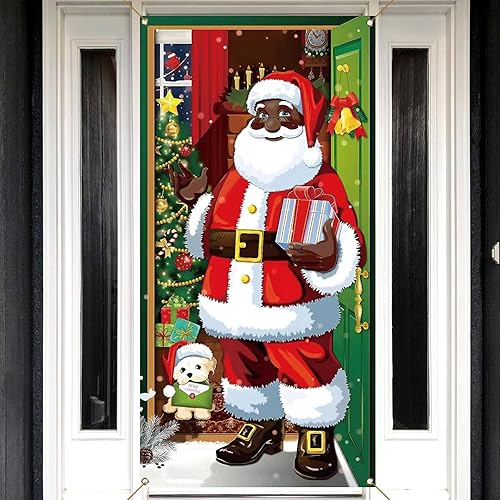 Sunwer Cubierta de puerta de Navidad afroamericana, decoración de Papá Noel negro, suministros de fiesta de invierno, suministros de fiesta de