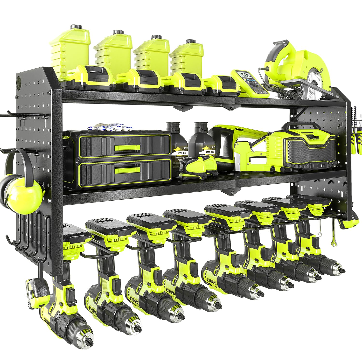 KAFAHOM Tool Organiser，Large power tool storage 8 Drill Holder Wall Mount with 2 Side Pegboards,Metal Tool Shelf with 12 Hooks，Utility Cordless Drill Rack for Garage Organization - Black