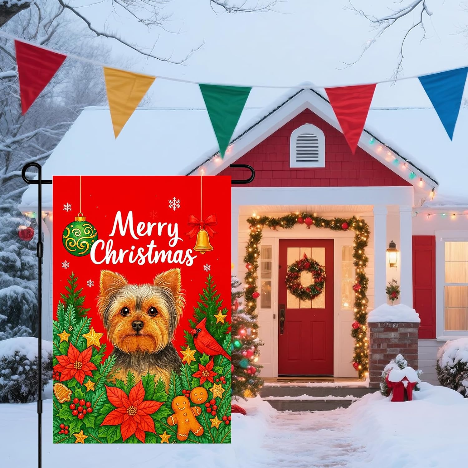 IVN Christmas Yorkshire Dog Santa Garden Flag 12x18 Inch Double Sided Winter Yorkshire Terrier Dog Poinsettia Gingerbread Ornament Bell Snowflakes Yard Flag for Christmas Decoratives Yard Flag for Outside Xmas Home Front Door Lawn Porch Patio Welcome Decor - Image 7