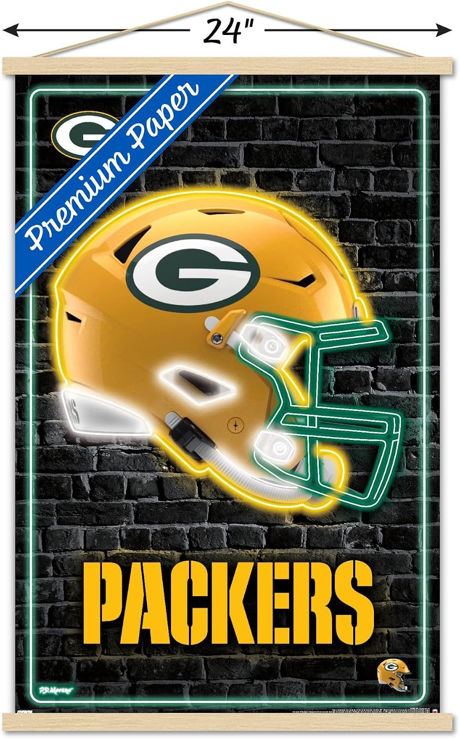 Trends International NFL Green Bay Packers - Neon Helmet 23 Wall Poster, 22.37" x 34.00", Premium Print and Beechwood Hanger Bundle