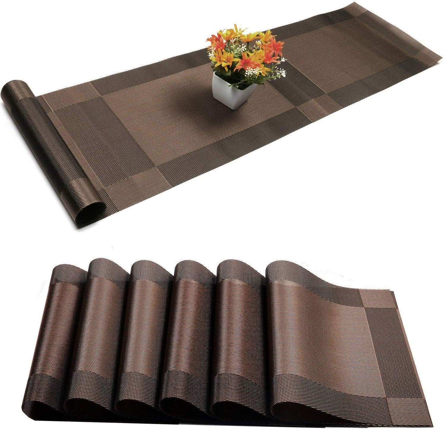 Baskety Set of 6 PVC Table Mats with 1 Table Runner – Waterproof, Non-Slip Placemats for Dining Table, Kitchen, Coffee Table, Easy to Clean, Stylish Brown Design, Durable & Protective,(Brown)