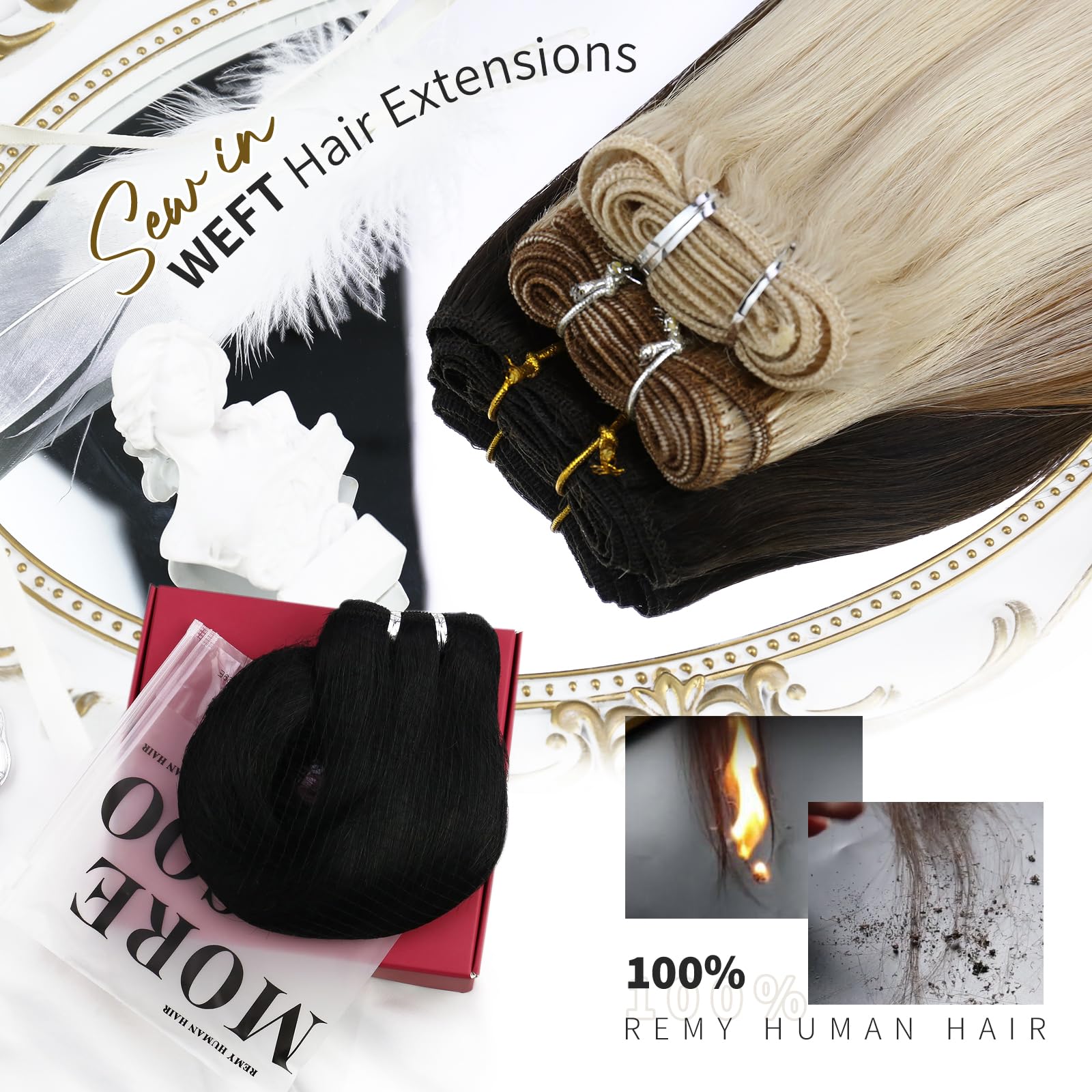 Moresoo Weft Hair Extensions Human Hair Balayage 22 Inch 100g Sew in Hair Extensions Remy Hair Ombre Dark Brown to Medium Brown with Bleached Blonde #4/6/613 - Image 2