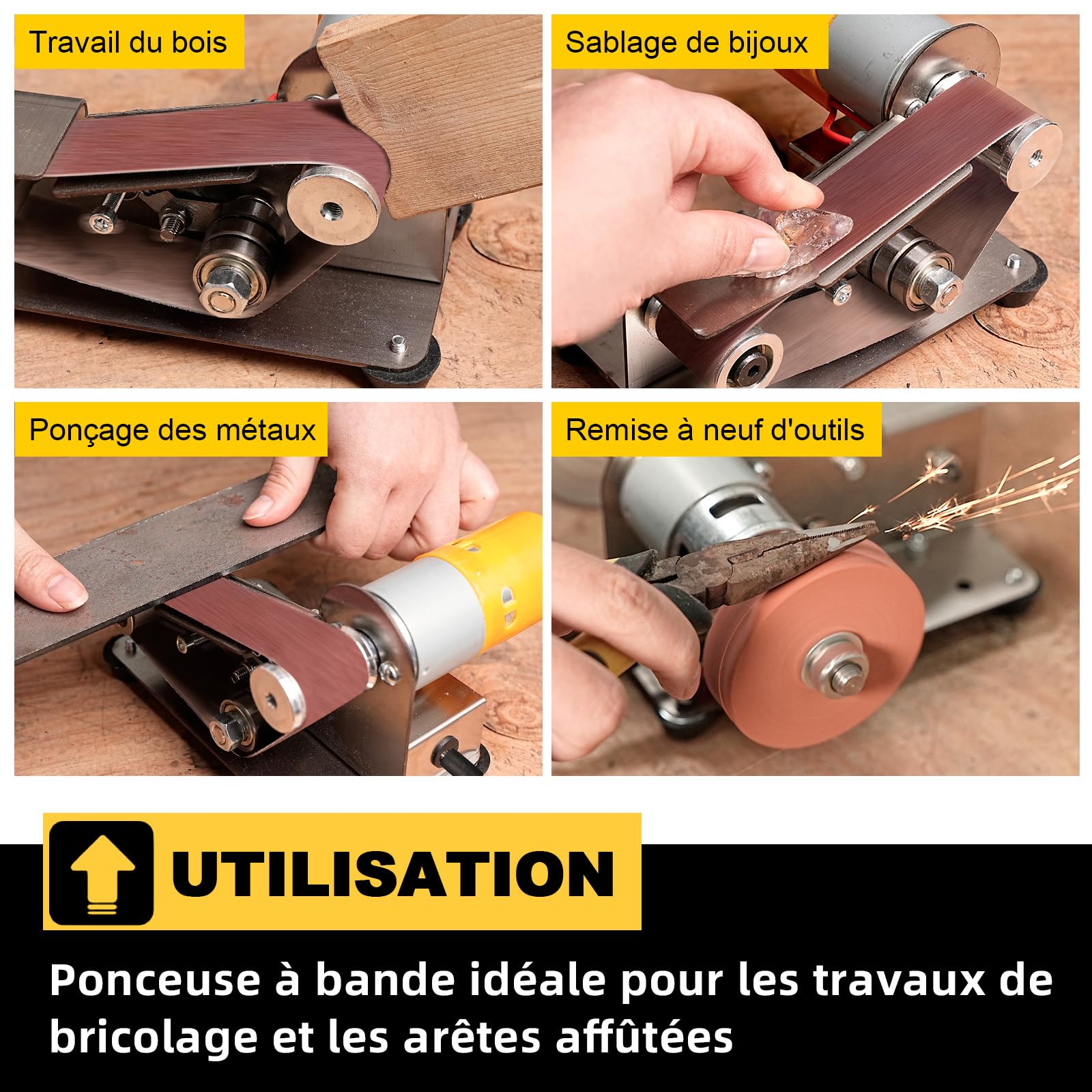 SI FANG Kit mini ponceuse à bande, Affûteurs électrique 15°, petite meuleuse d'établi à 7 vitesses, pour la fabrication de couteaux, l'affûtage des bords d'outils, le travail du bois et du métal