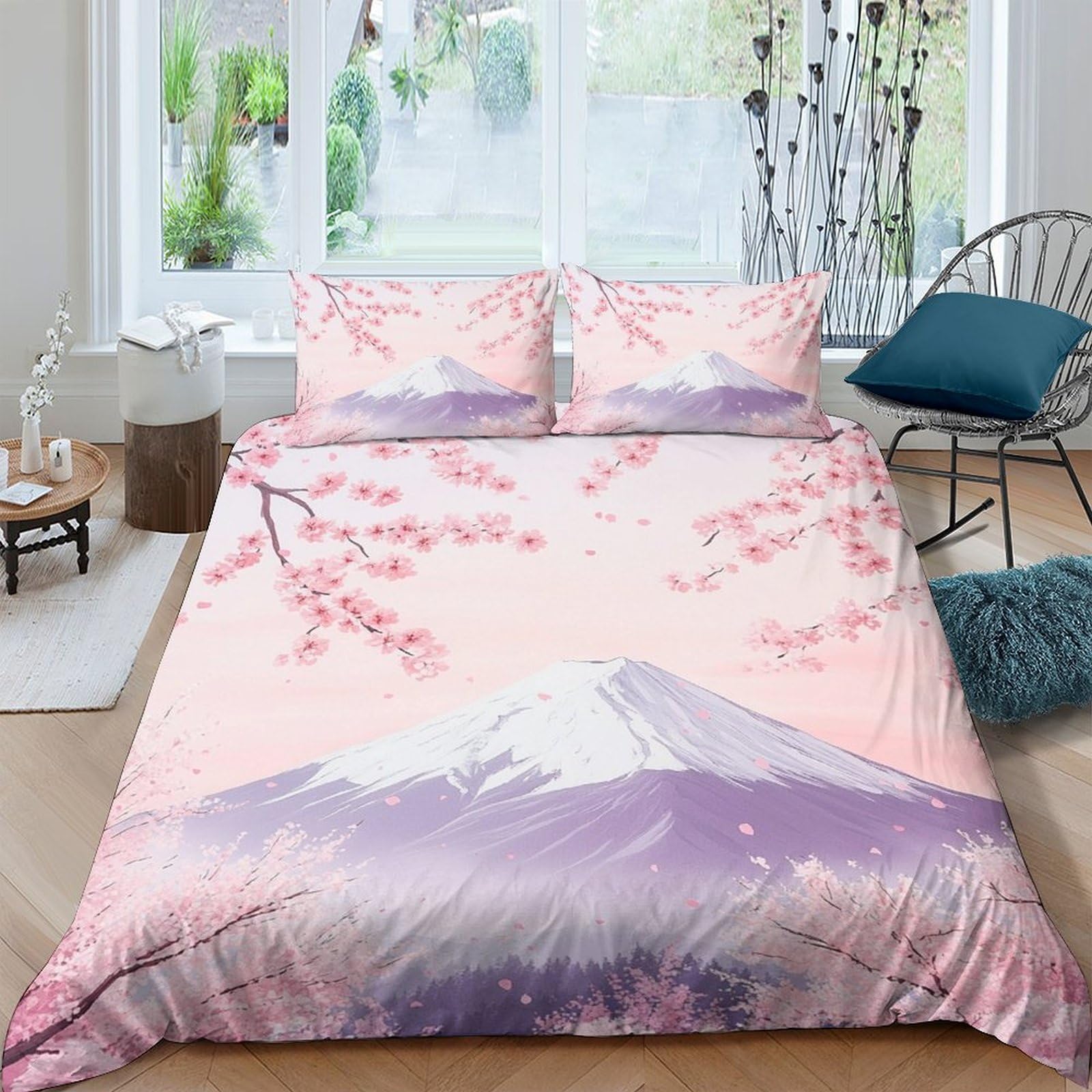 Ctjqhvkz Style-5 3D Printed Sakura Mount Fuji Fitted Sheet Microfiber Soft Pink Japanese Landscape Mattress Cover Bedroom Decor Single（135X200cm）