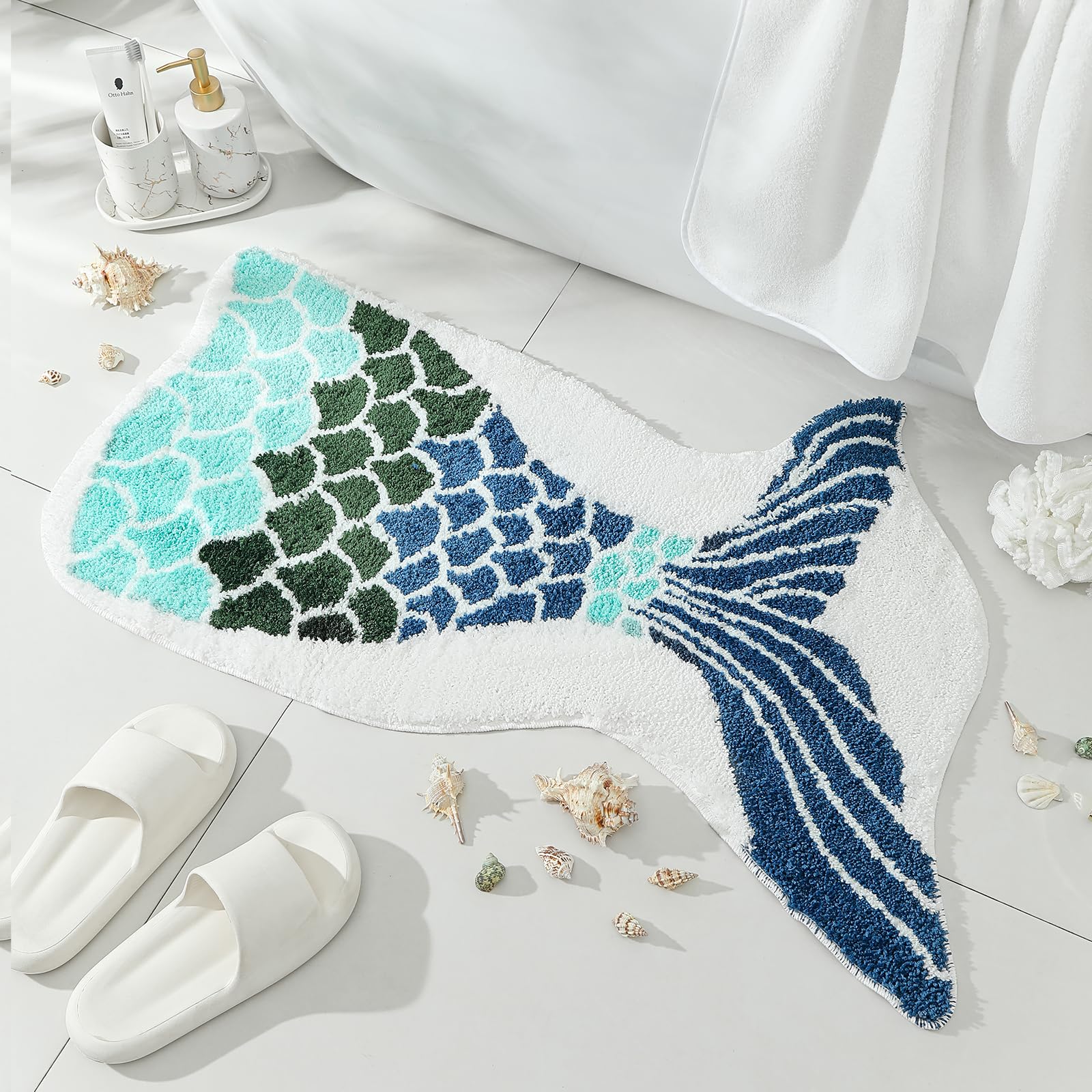 YRXRUS Mermaid Bathroom Rugs, Ocean Decor Bath Mat Gifts, Green Bathroom Rug, Cute Mermaid Scales Tail Shape Bath Rug for Summer Room Decor, Machine
