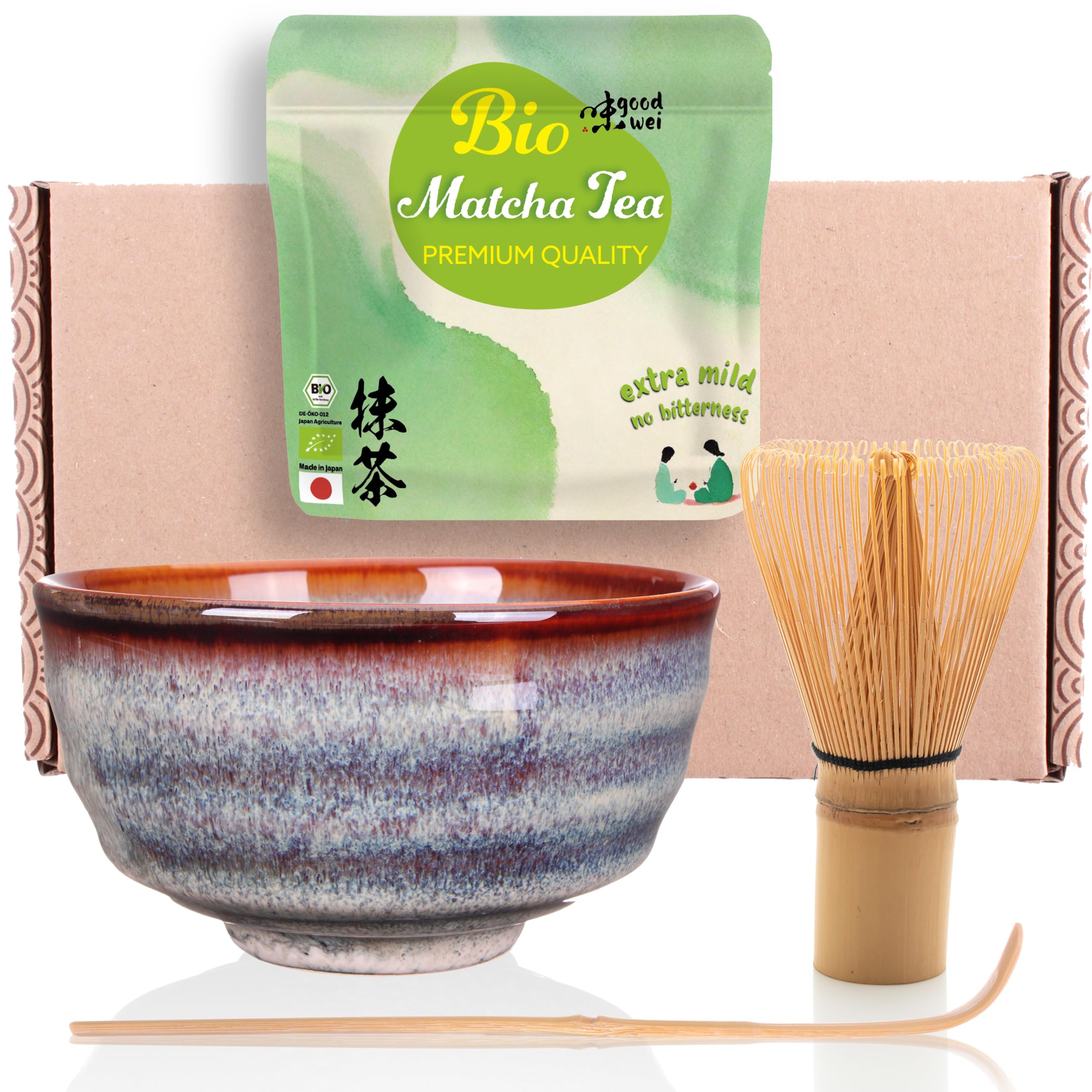 Goodwei BIO Matcha z Japonii w zestawie do matchy, w komplecie z wysokiej jakości ceramiczną miotłą matchą, miotłą matchą, zestaw upominkowy na ceremonię parzenia herbaty (Uji)