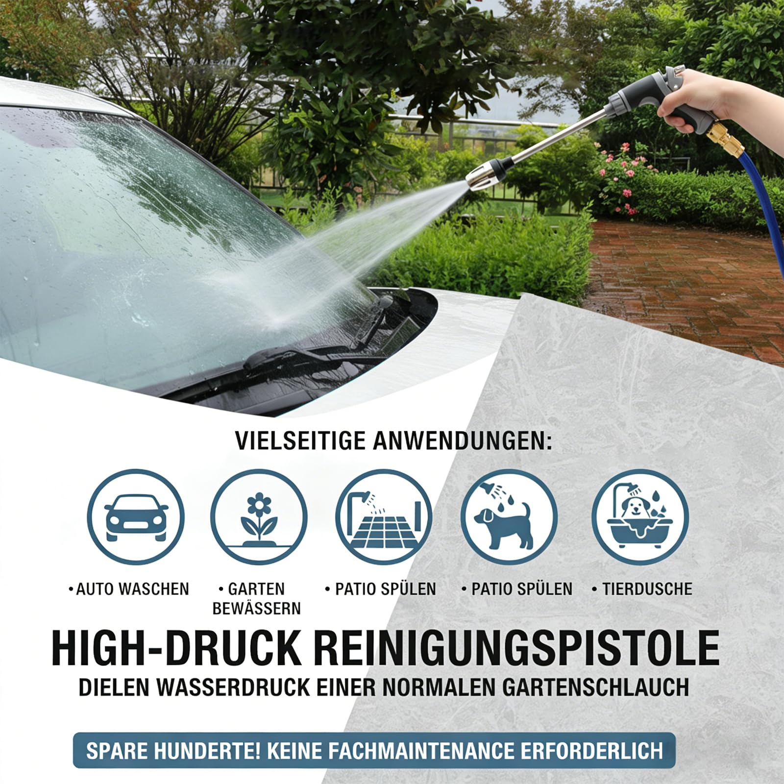 Power Jet Hochdruckpistole, Hochdruckpistole Für Gartenschlauch, Drei Sprüheffekte, 360° Drehbar, Ausgestattet Mit Metallgelenken Und 15 M Langem Teleskoprohr (A+15 m Wasserschlauch)
