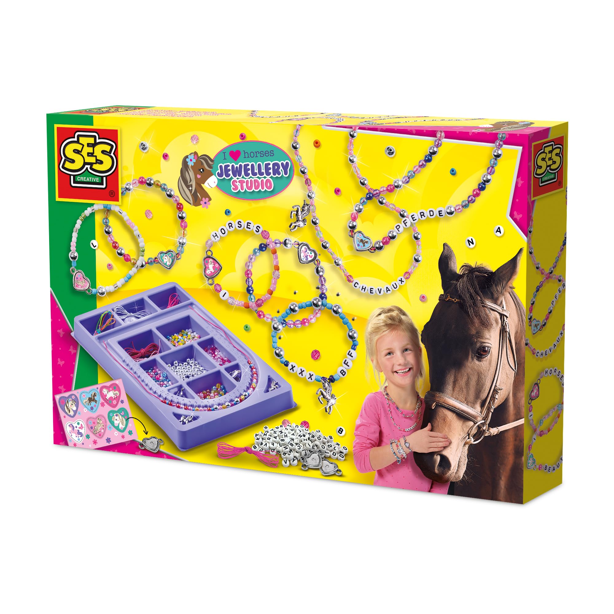 SES Creative I Love Horses Jewellery Studio Set, Beads, Elastic, Cord, Letter Beads and Horse Charms, Makes Necklaces and Bracelets, Includes Sorting Tray, Arts and Crafts for Kids