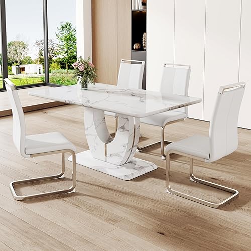Miniatura 34 de Moderno juego de mesa de comedor de mármol sintético blanco para 4, 5 piezas rectangulares y 4 sillas tapizadas de piel sintética, mesa de comedor