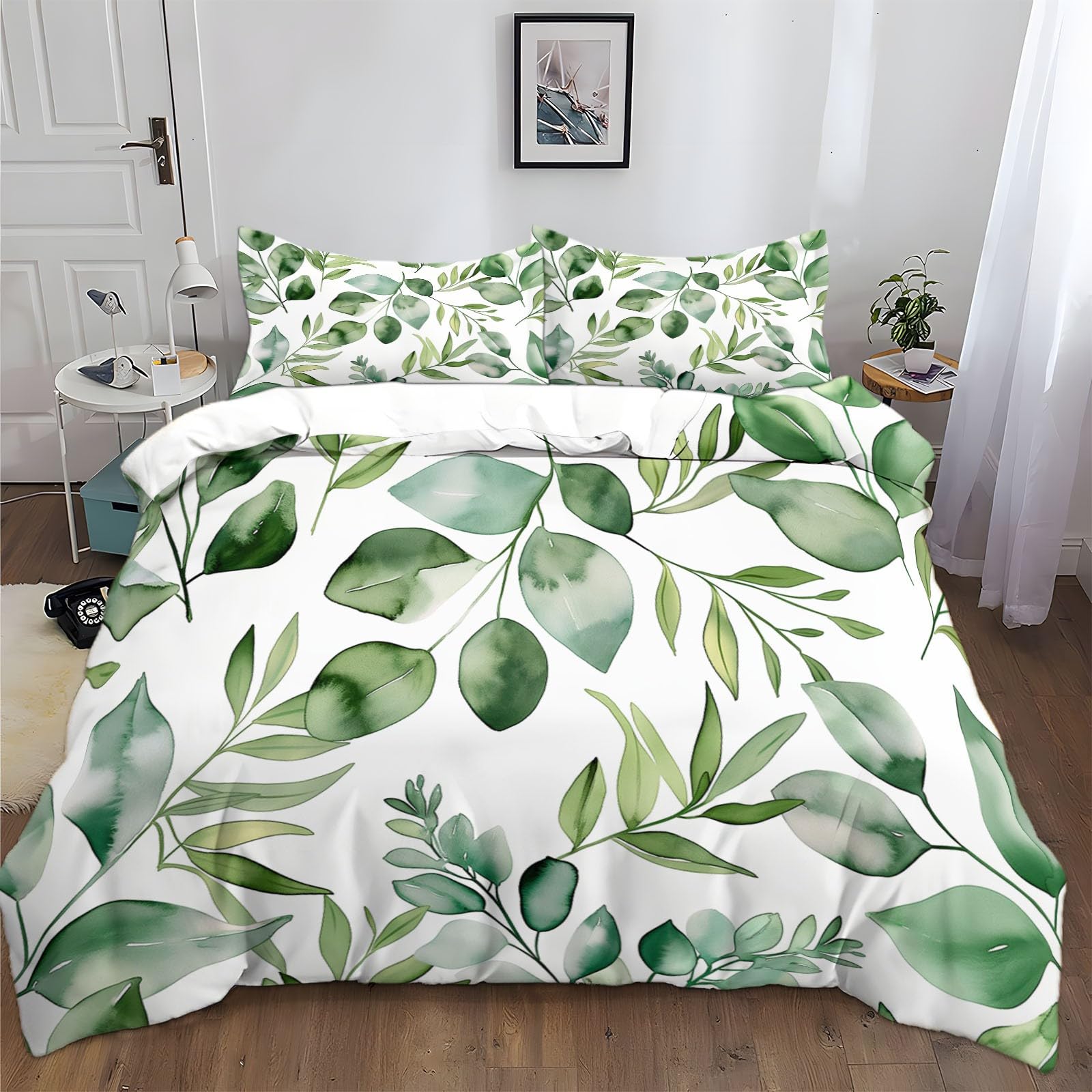 Housse de couette microfibre avec fermeture éclair parure de lit anti-plis imprimé eucalyptus