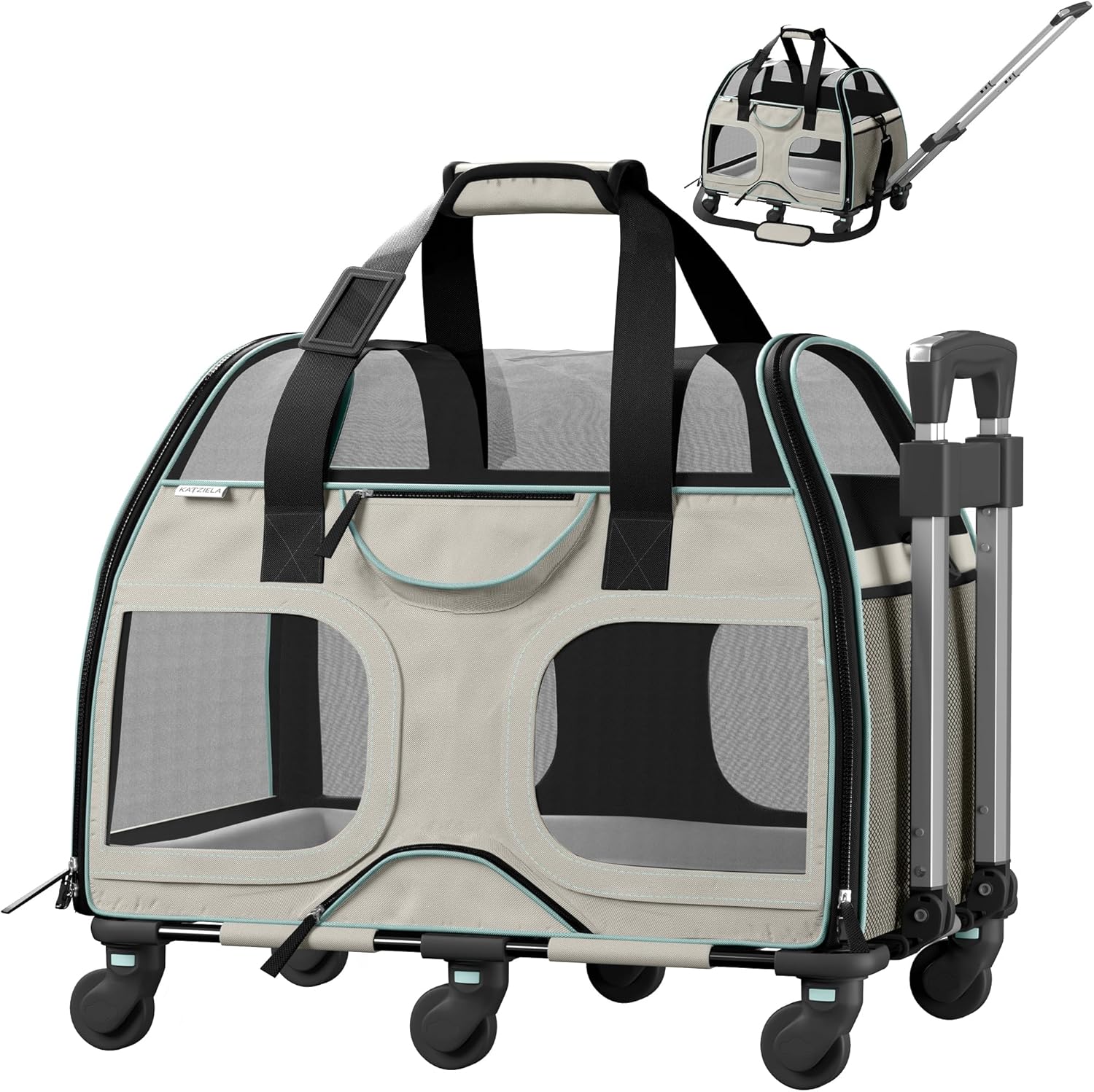 Katziela Pet Carrier - Airline Compliant Dog Carrier - TSA Approved Pet Carrier for Small Dogs and Cats - Soft FAA Travel Airplane Dog Carrier Luggage (Light Grey/Blue-Pro)